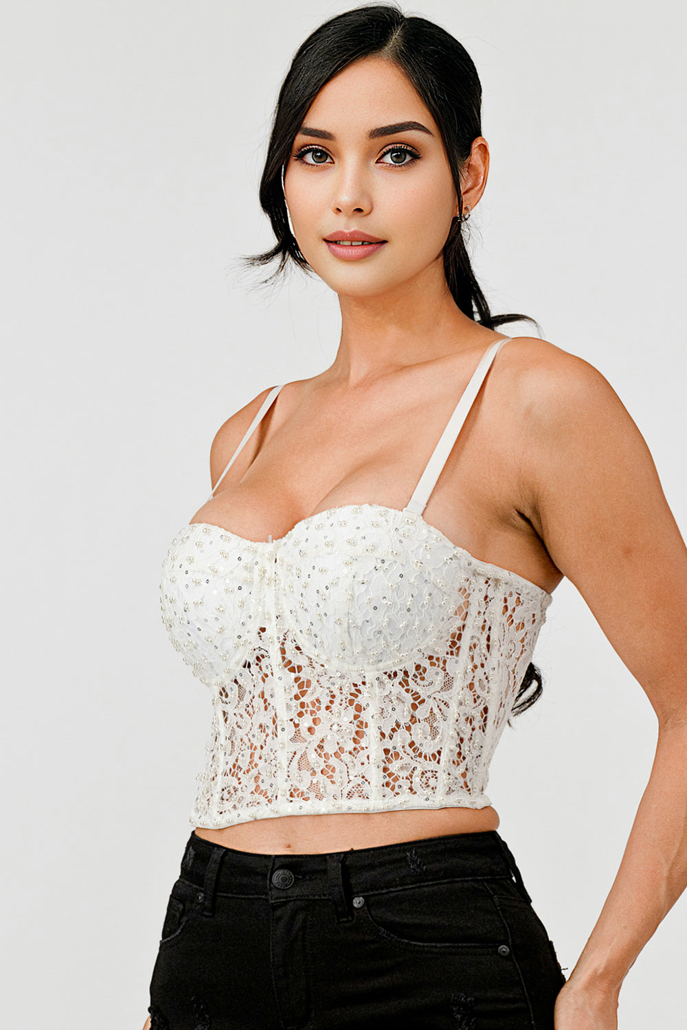 Elegant Lace and Pearl Bustier Sexy Top