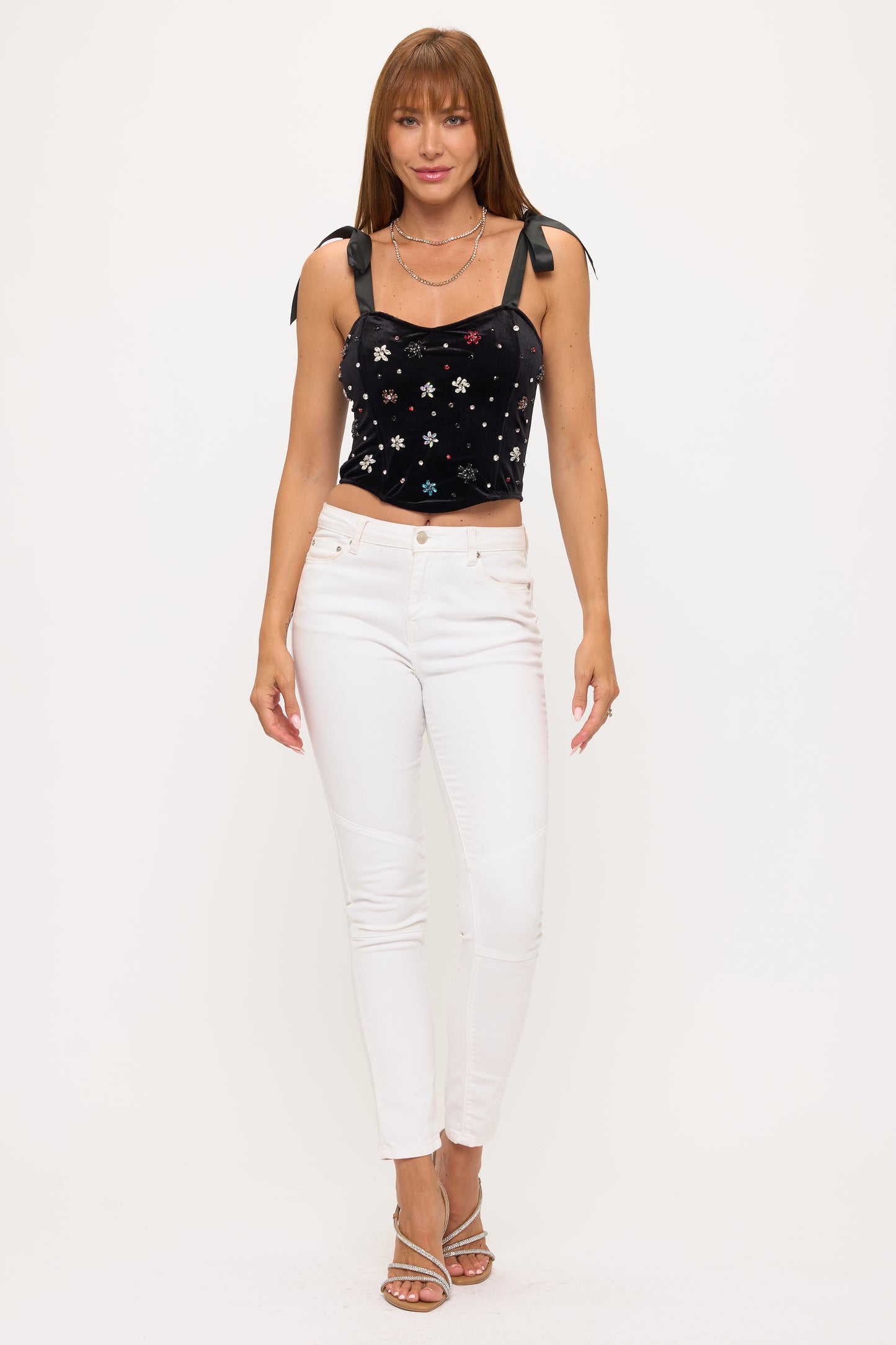 Embellished Velvet Corset Top with Ribbon Straps