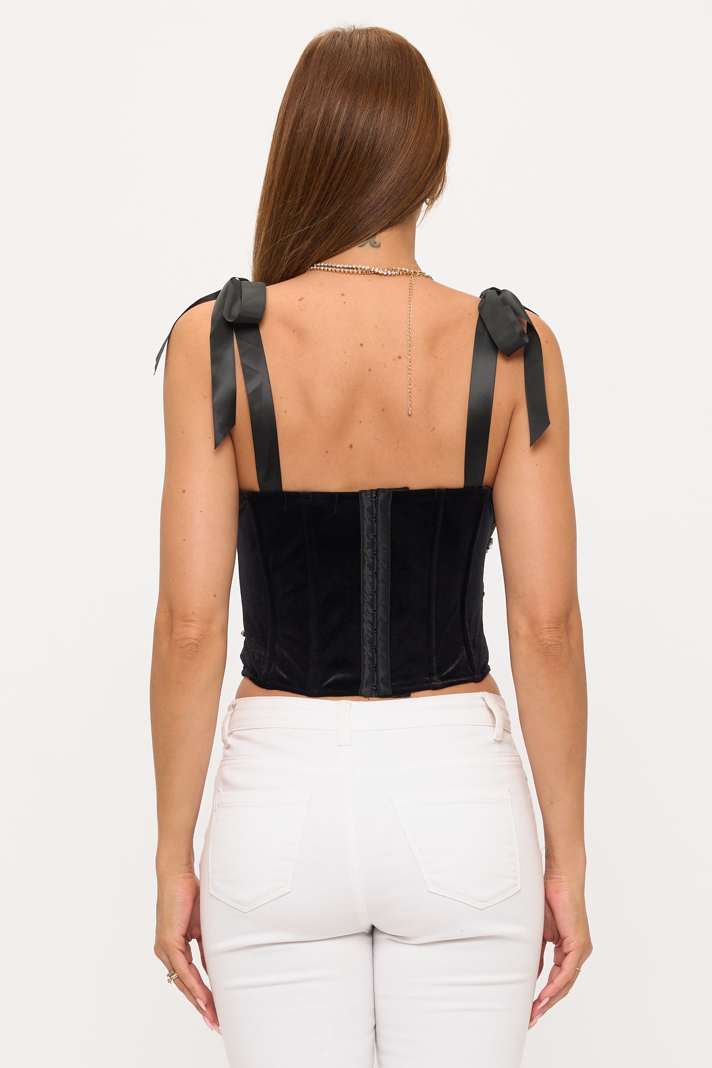 Embellished Velvet Corset Top with Ribbon Straps
