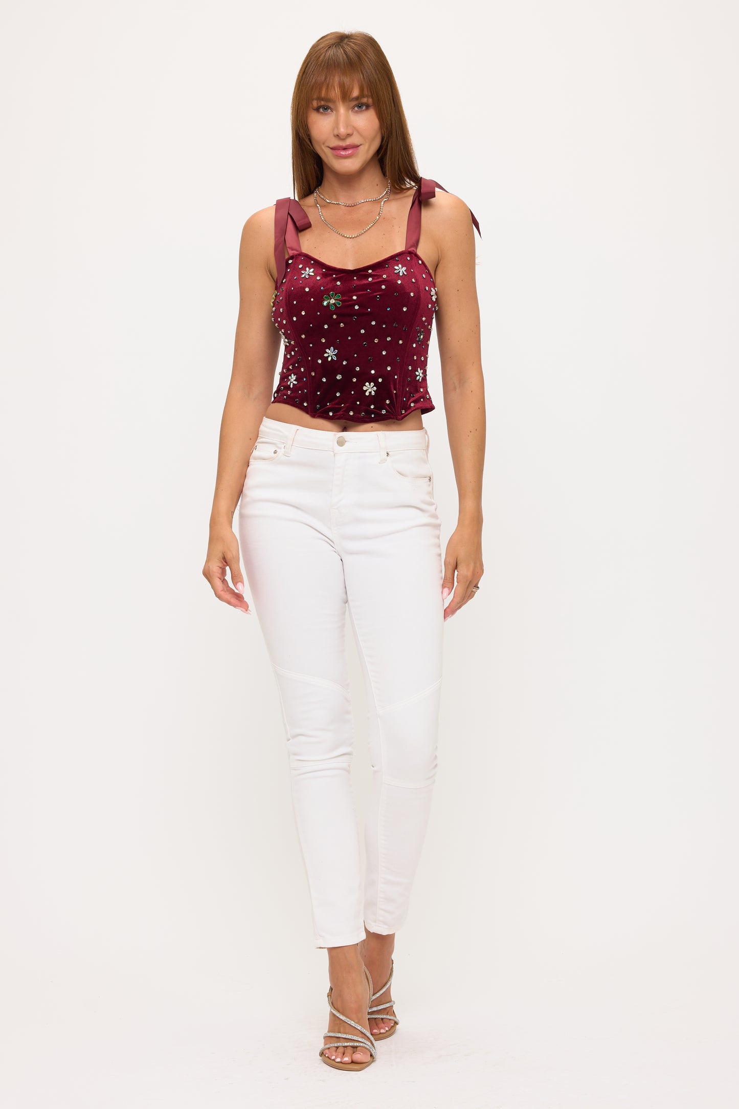 Embellished Velvet Corset Top with Ribbon Straps