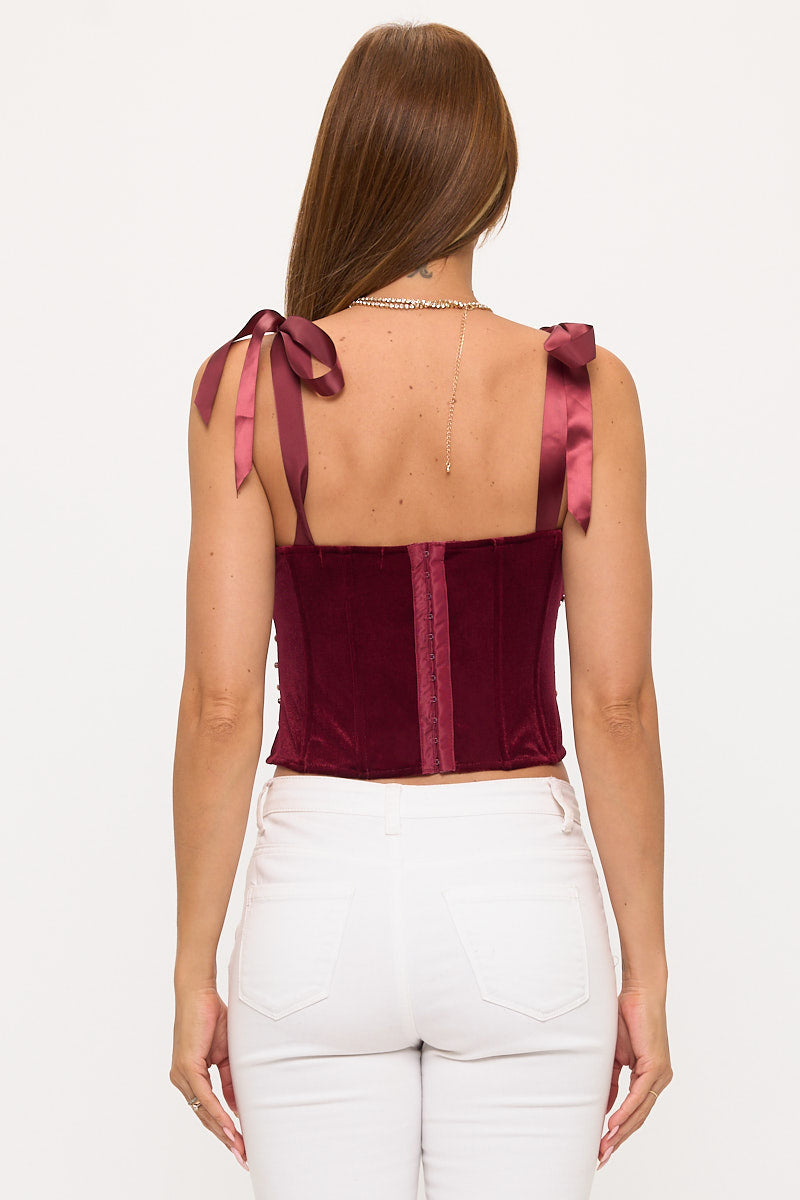 Embellished Velvet Corset Top with Ribbon Straps