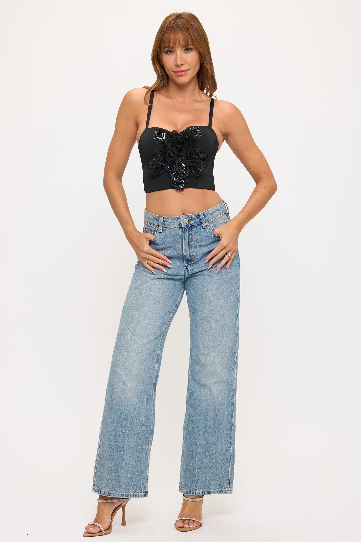 Dramatic 3D Sequin Flower Bustier Crop Top