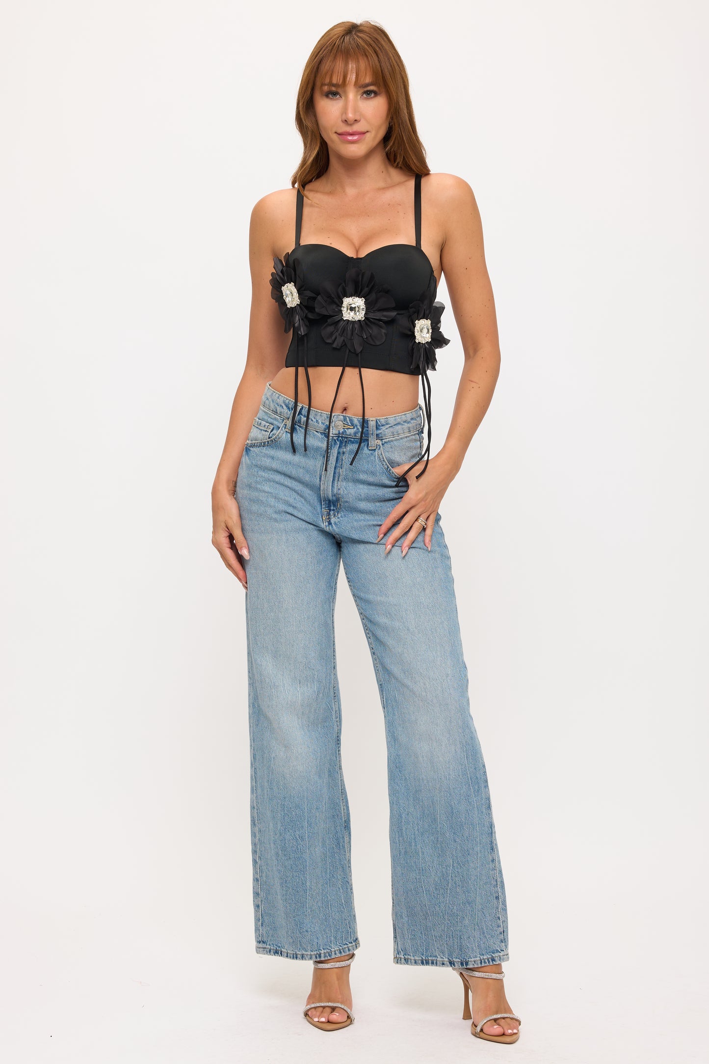 3D Flower Embellished Bustier Crop Top