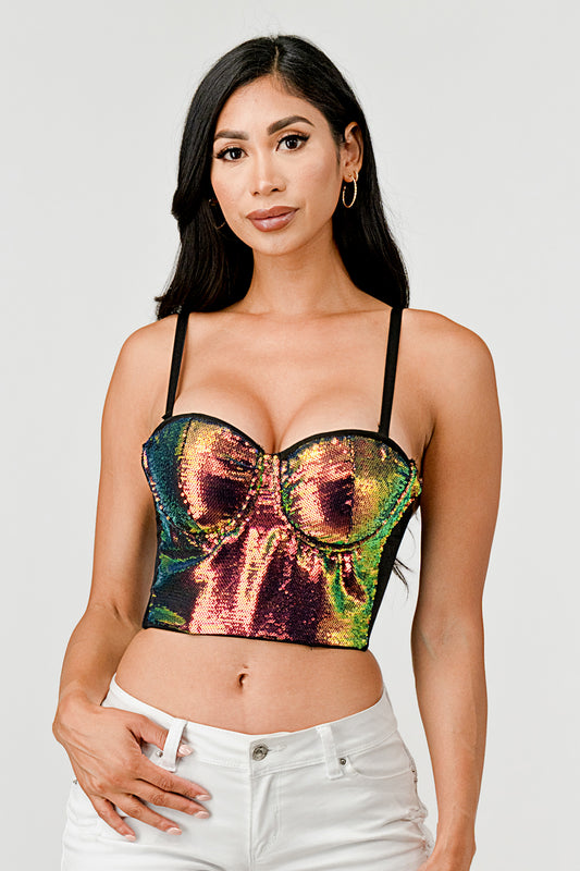 METALLIC SEQUIN BUSTIER CROP TOP_D6954