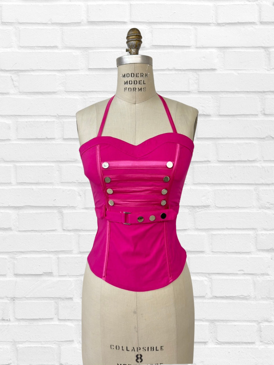 BUTTON TRIM BELTED HALTER NECK CORSET TOP