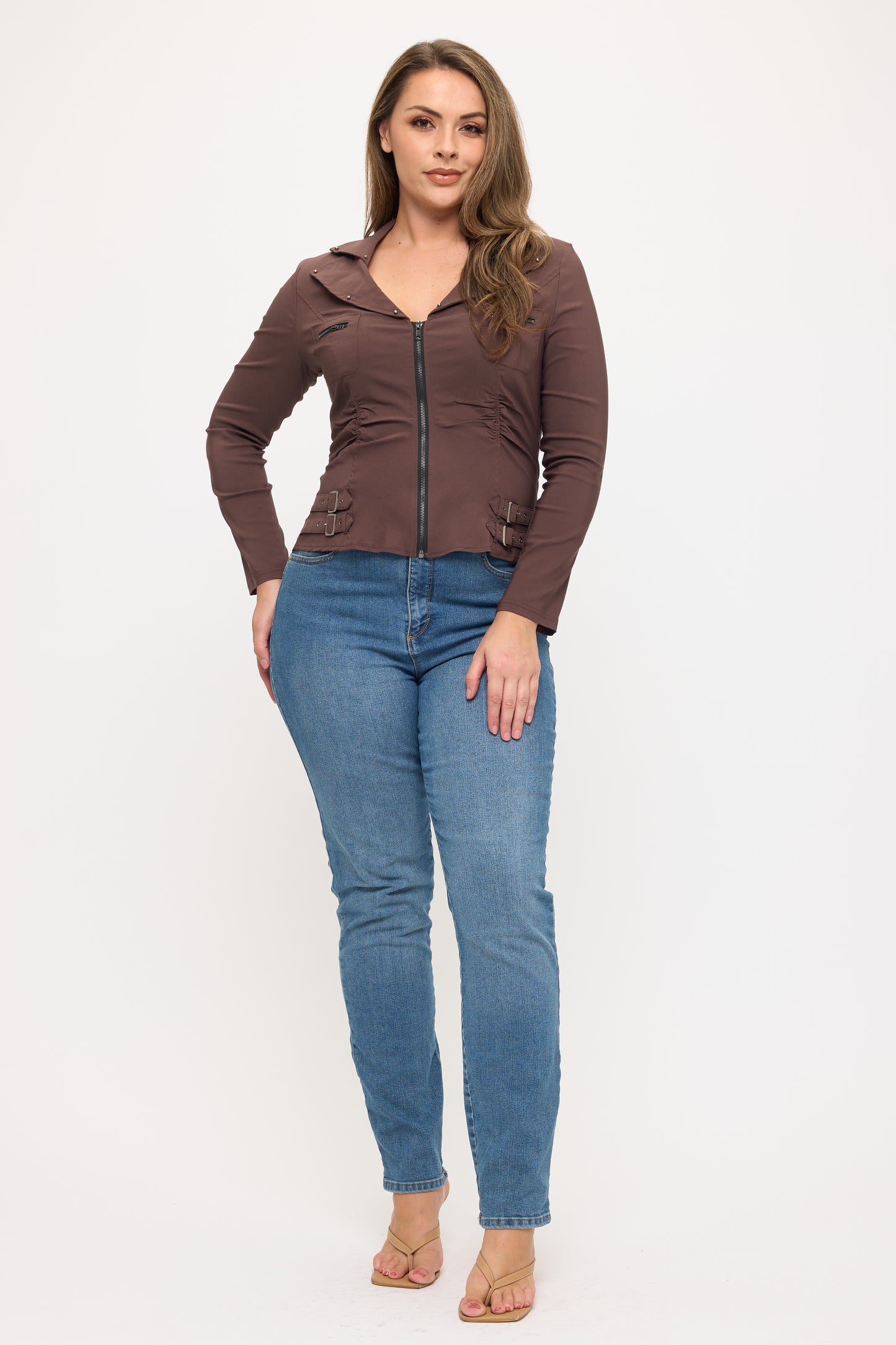 ZIPPER FRONT CLOSURE BUCKLE SIDE DETAILS LONG SLEEVE PLUS JACKET