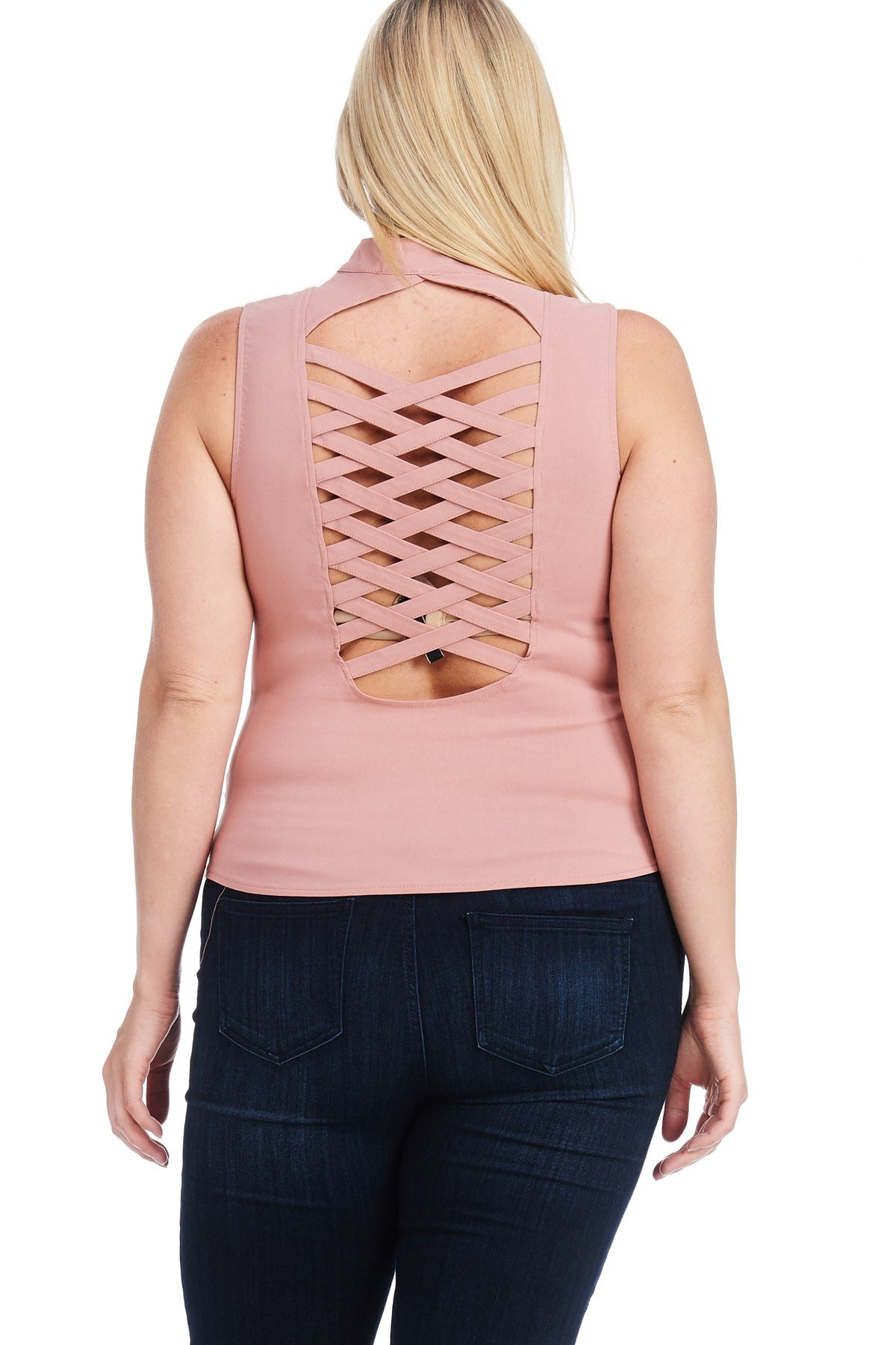 LACE-UP DETAIL CRISS CROSS BACK CUTOUT SLEEVELESS TOP -PLUS