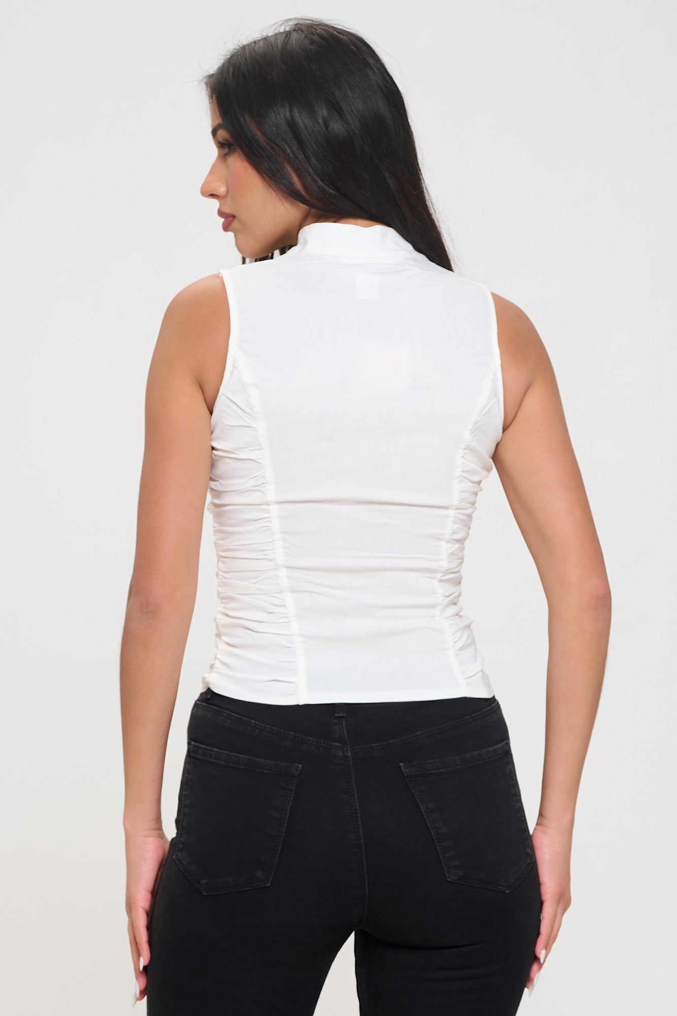 BUTTON DETAIL ZIPPER CLOSURE MOCK NECK TANK TOP_D6732