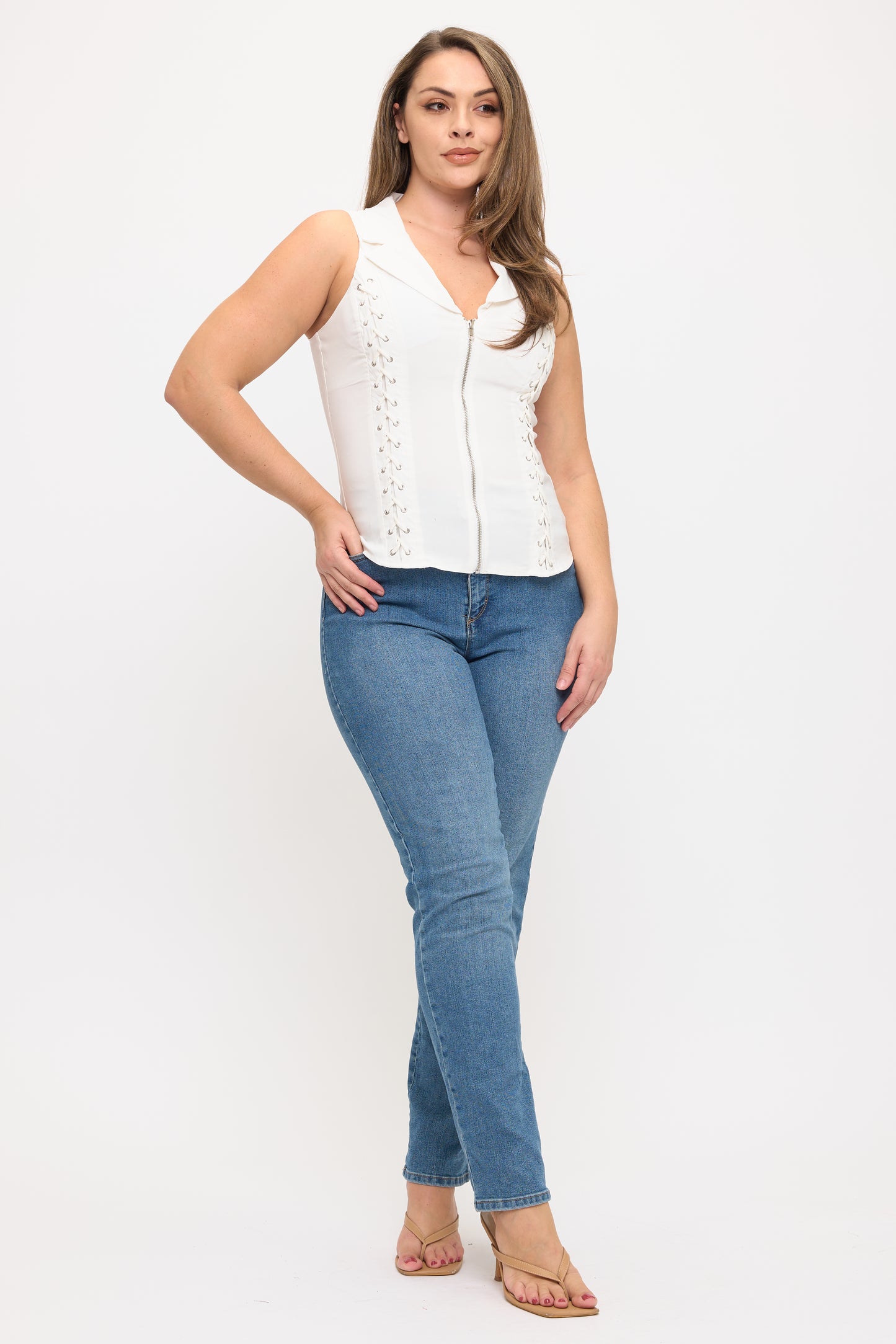 LACE UP DETAIL FRONT COLLARED TANK TOP-PLUS