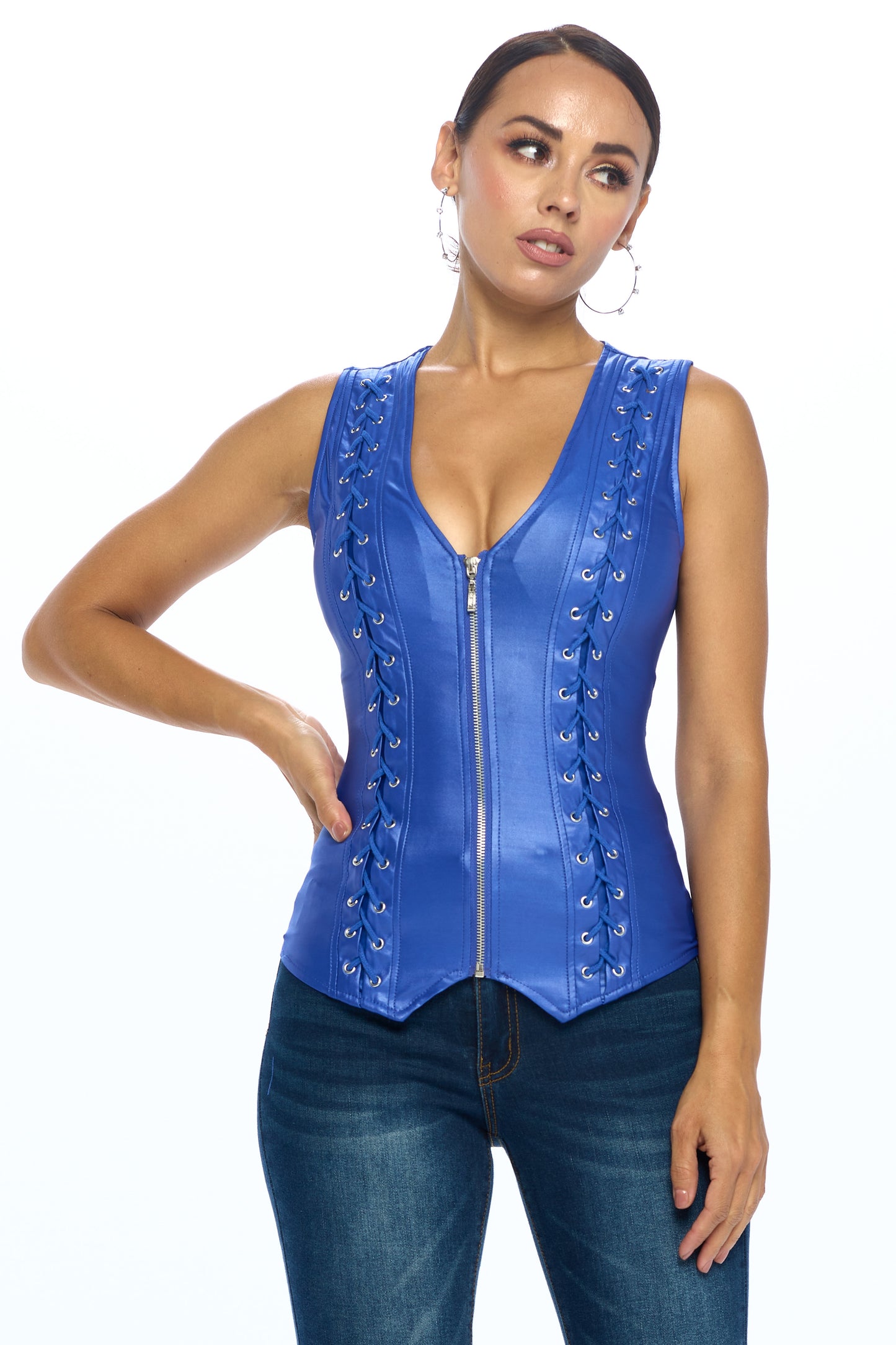 LACE-UP DETAIL ZIP UP SLEEVELESS TOP