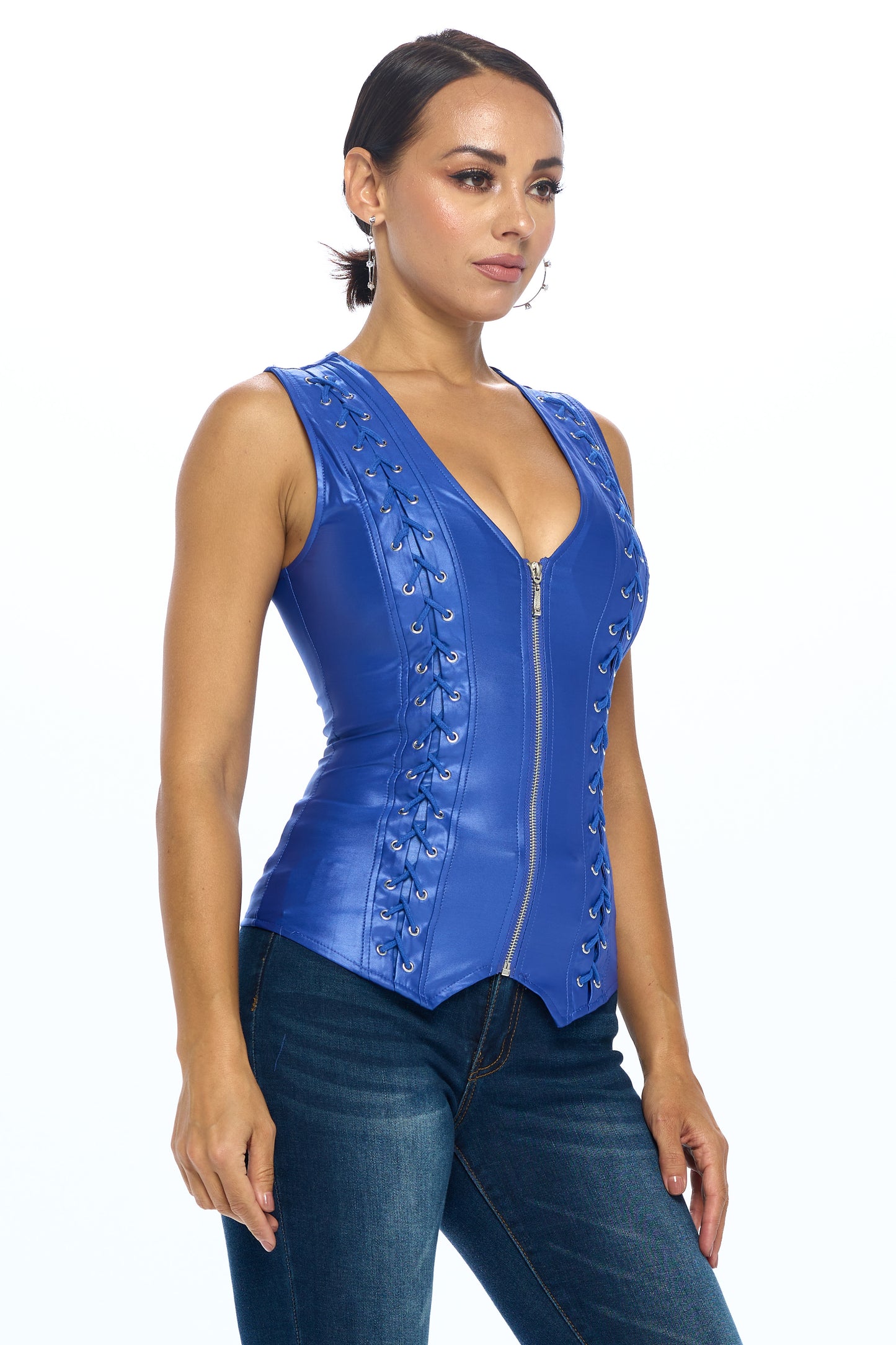 LACE-UP DETAIL ZIP UP SLEEVELESS TOP