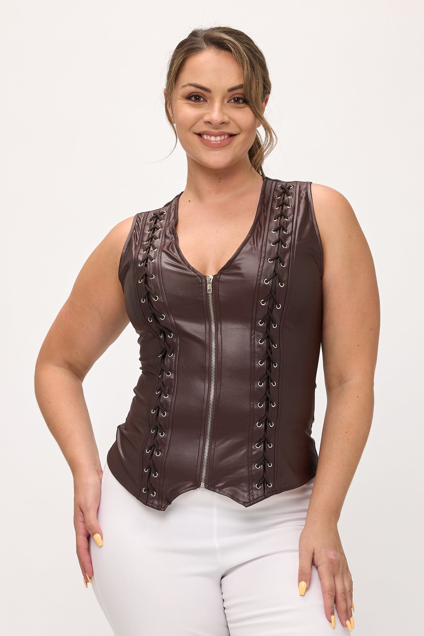 LACE-UP DETAIL ZIP UP SLEEVELESS TOP -PLUS