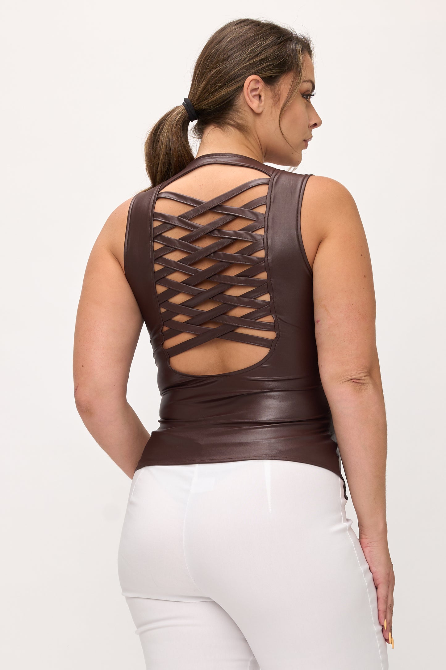 LACE-UP DETAIL ZIP UP SLEEVELESS TOP -PLUS