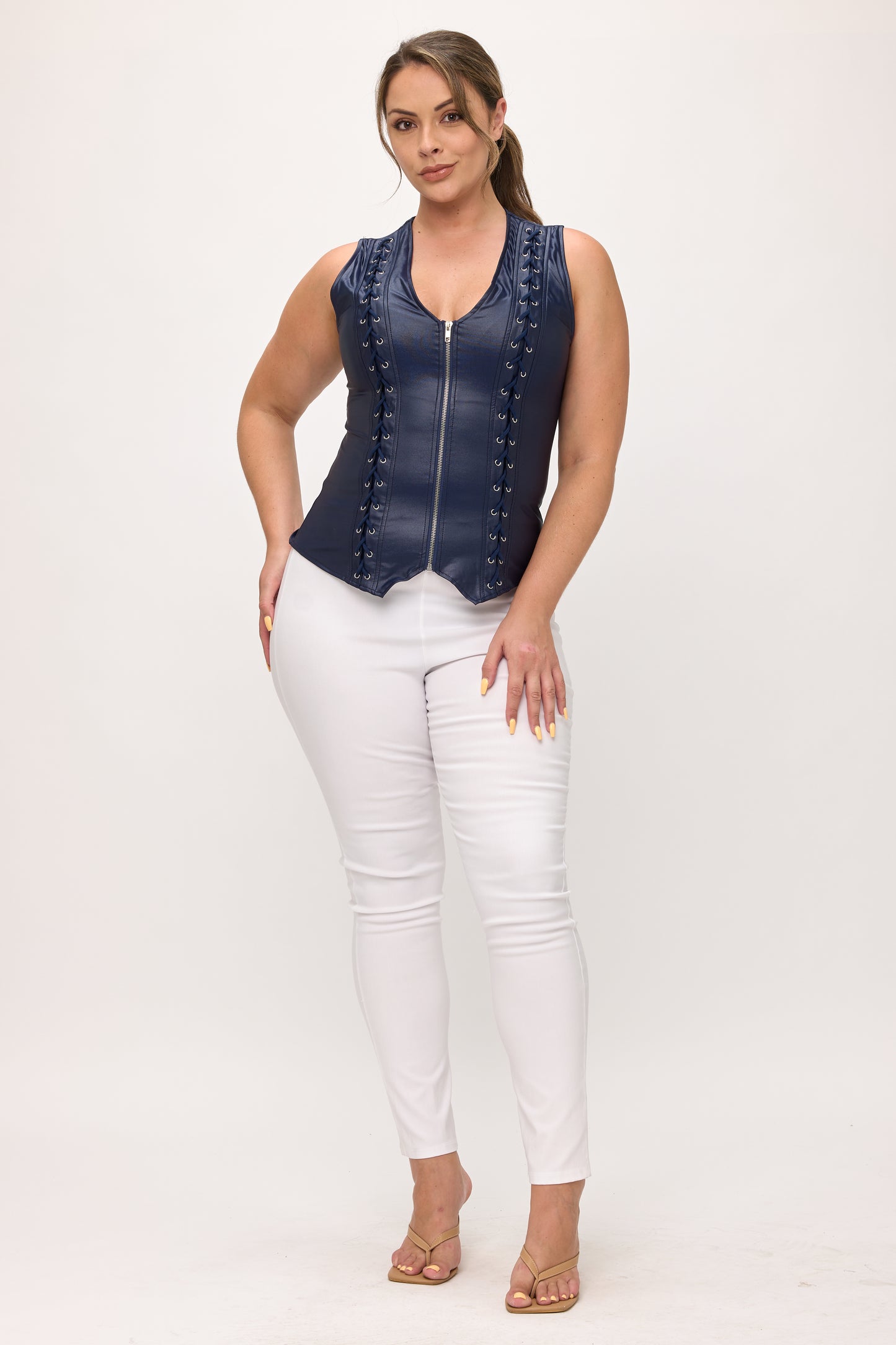 LACE-UP DETAIL ZIP UP SLEEVELESS TOP -PLUS
