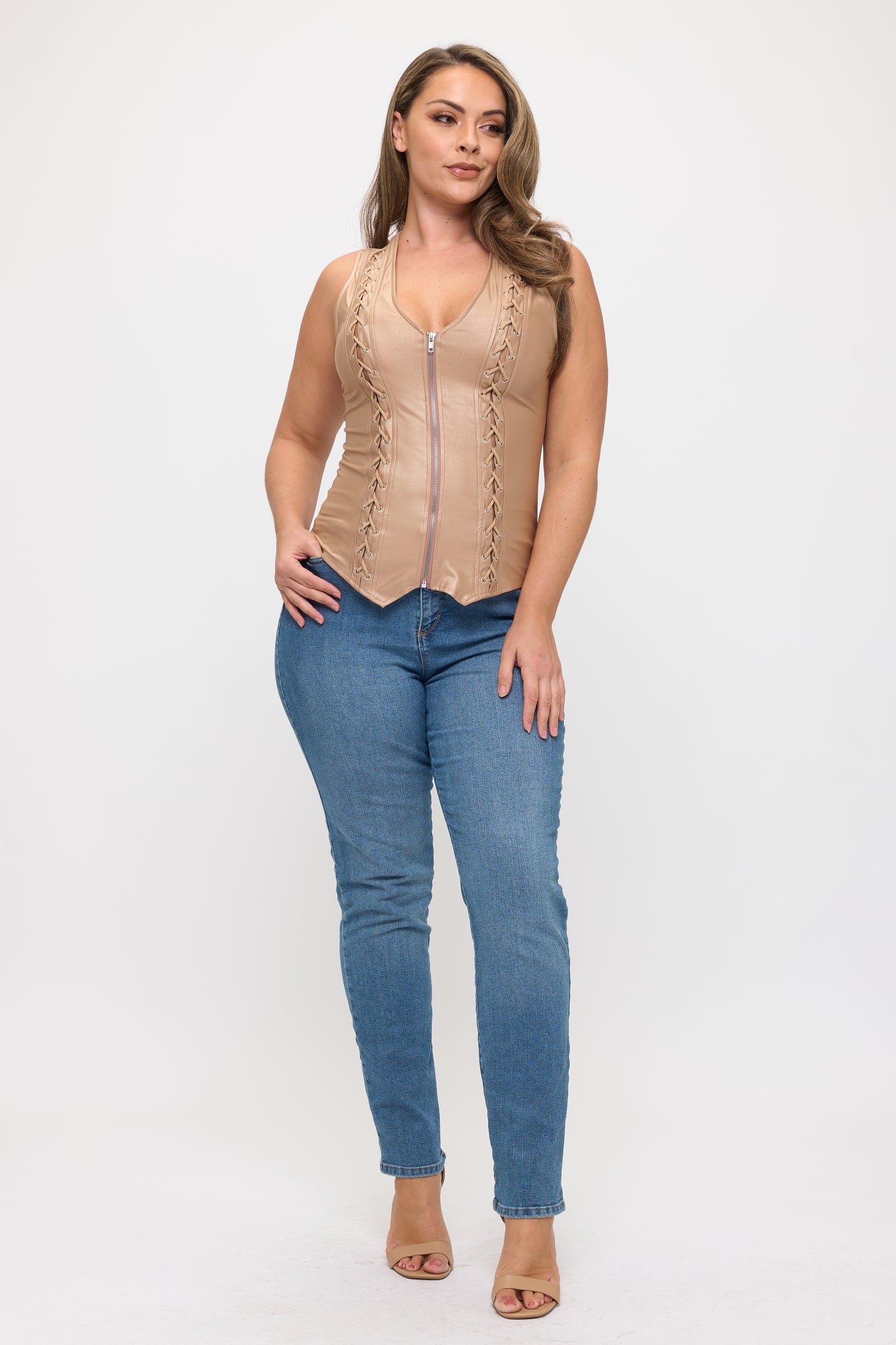 LACE-UP DETAIL ZIP UP SLEEVELESS TOP -PLUS
