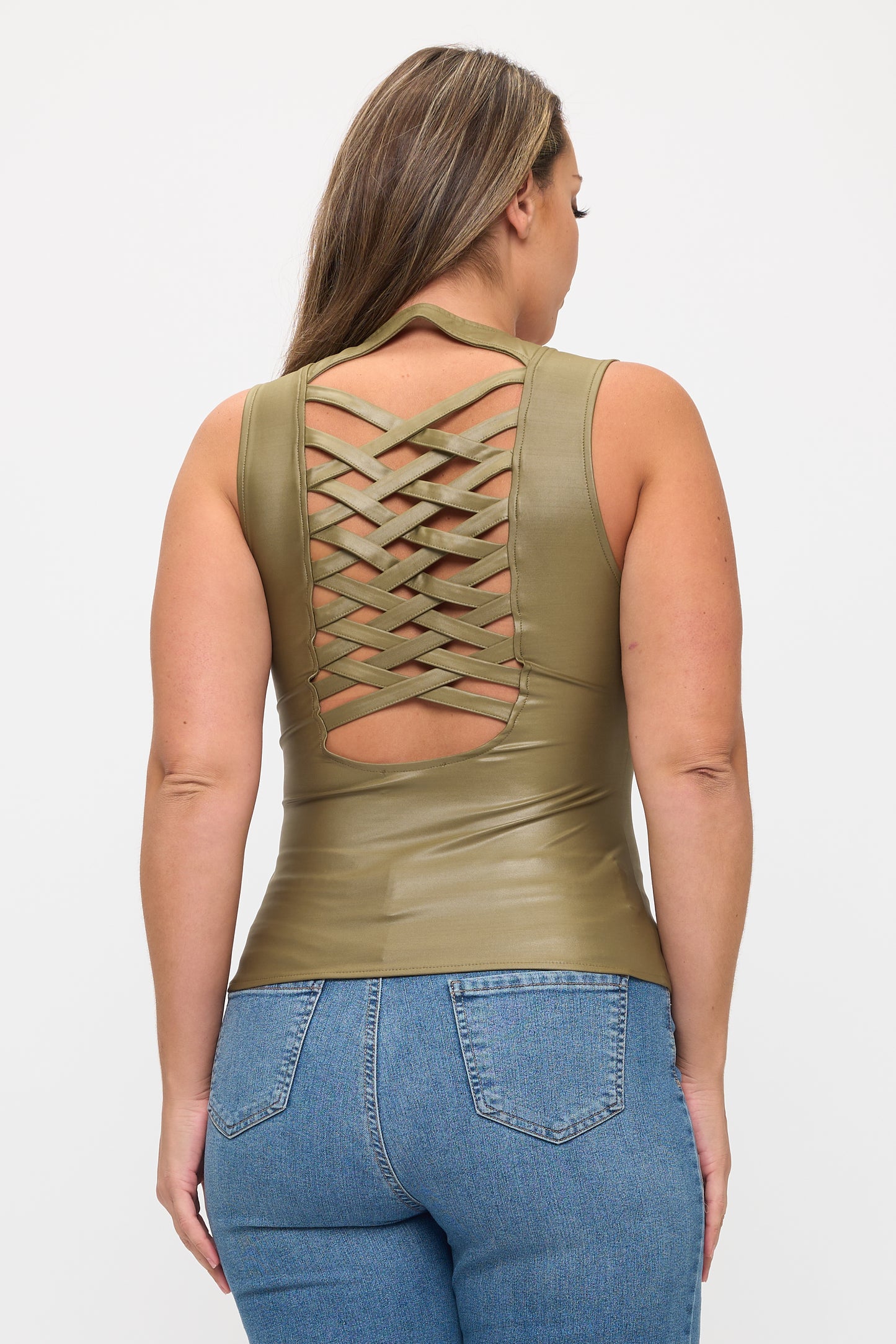 LACE-UP DETAIL ZIP UP SLEEVELESS TOP -PLUS