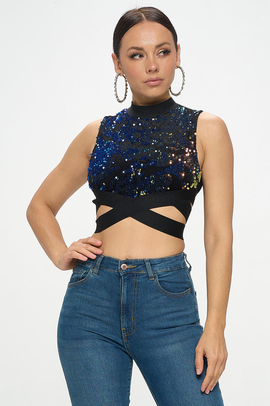 CASCADE SEQUIN CROSS FADED MOCK NECK CROP TOP