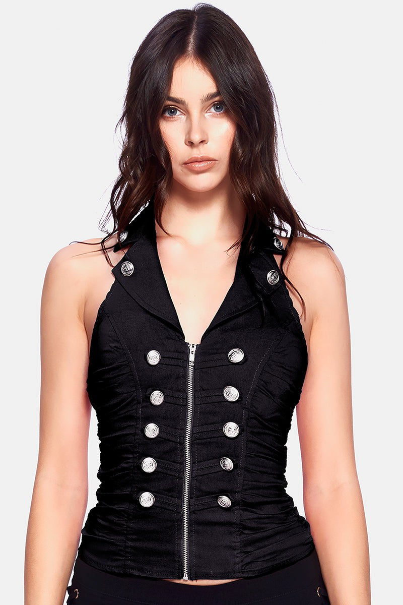 BUTTON DETAILED ZIP UP CLOSURE HALTER TANK TOP_D6618