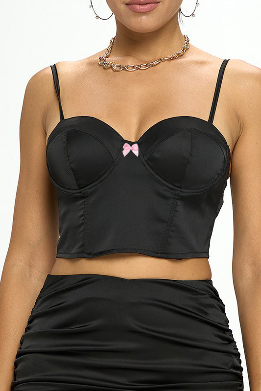SATIN BUSTIER ZIP BACK WITH PINK BOW CROP TOP