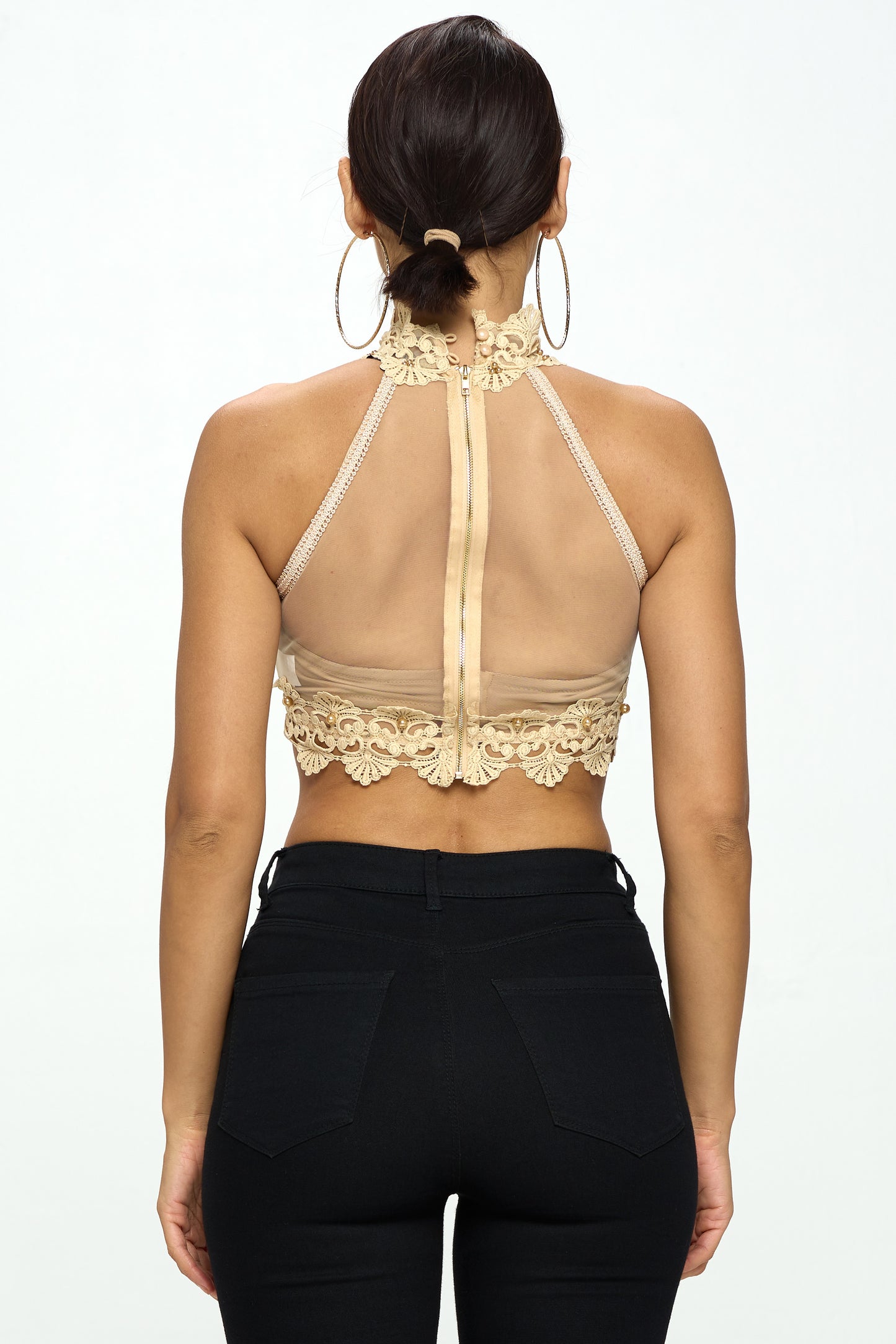 MOCK NECK BEADED LACE CROP TOP_D7079