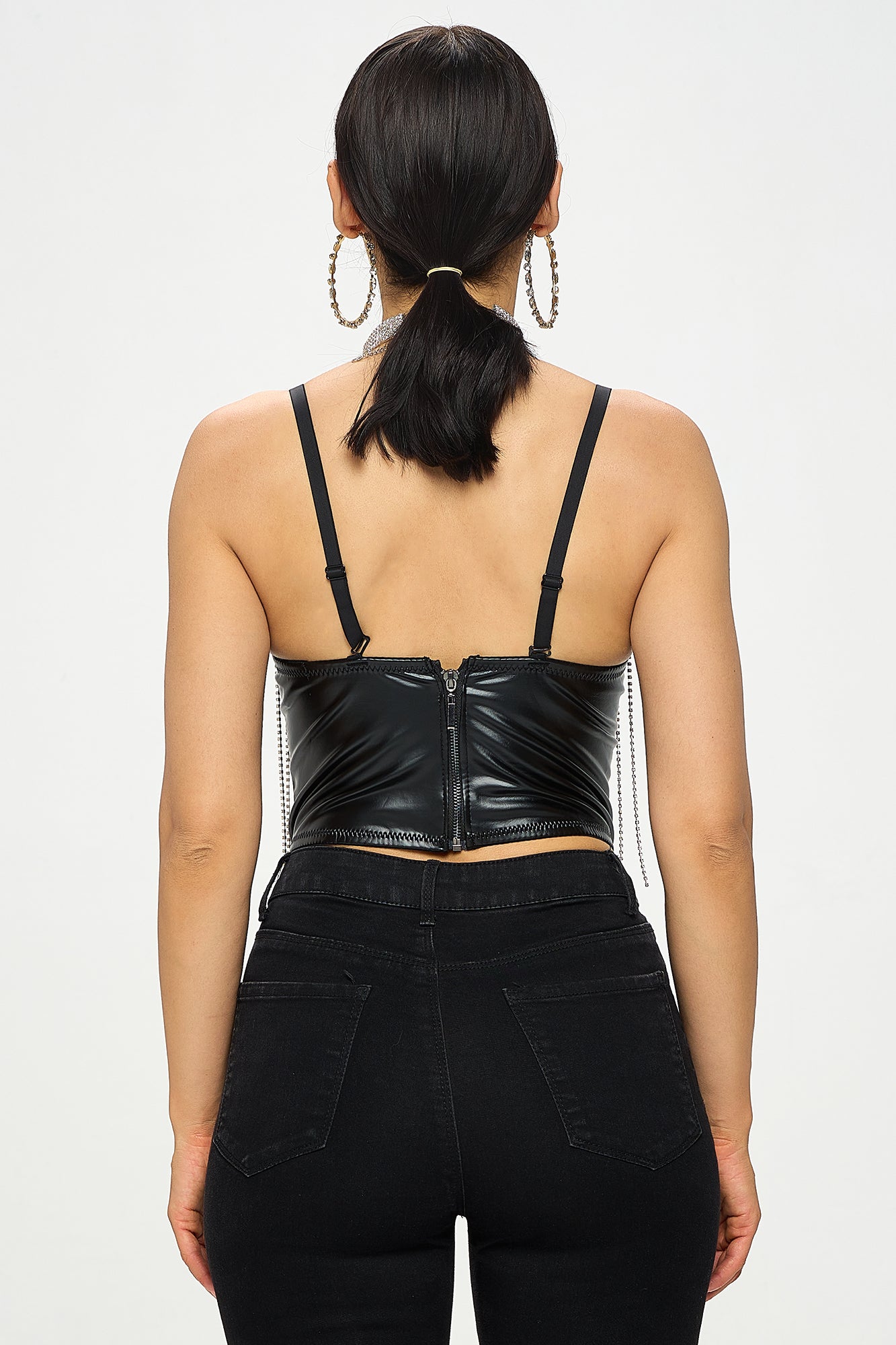 RHINESTONE FRINGE PU CORSET CROP TOP_D7218