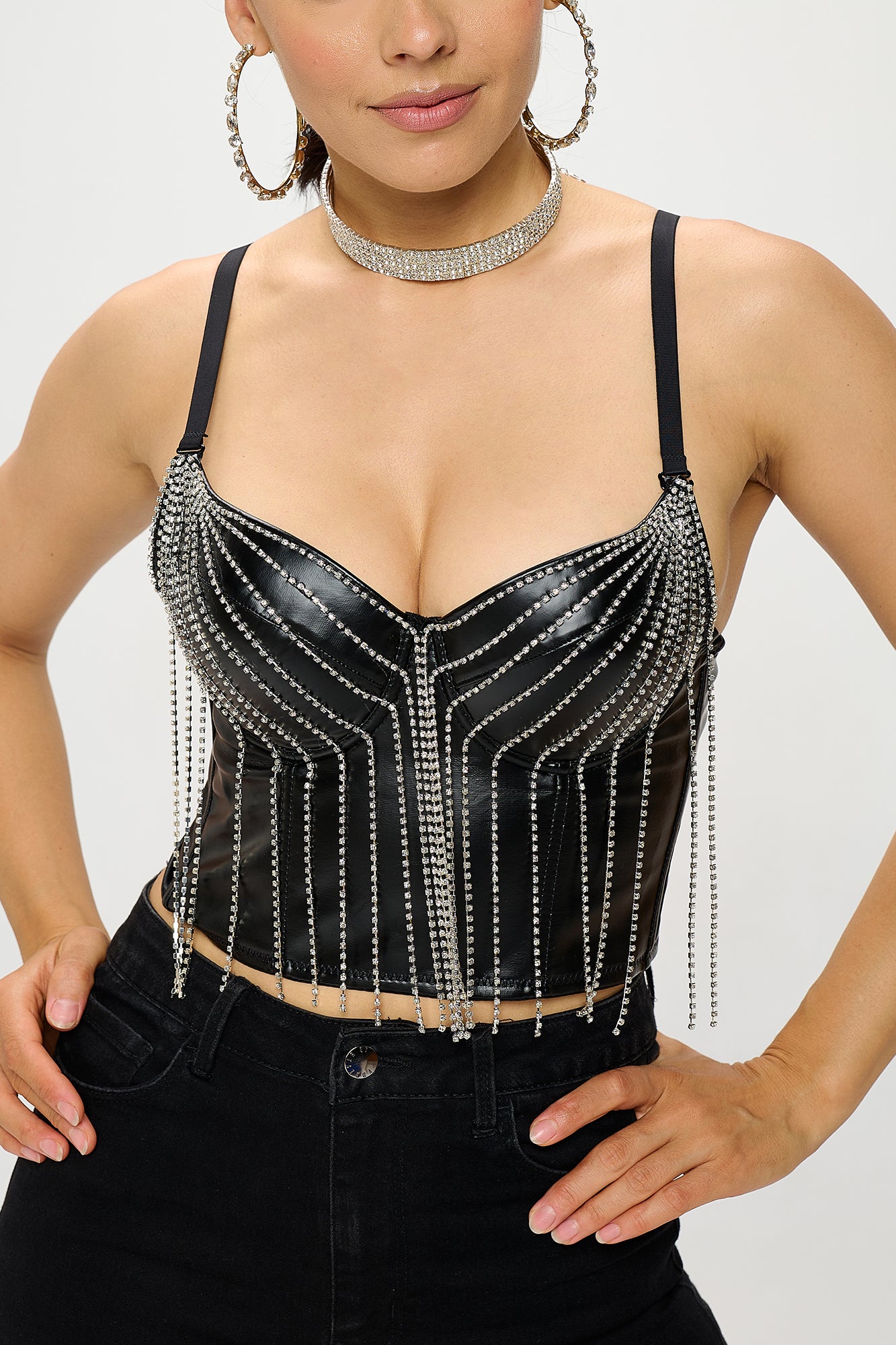 RHINESTONE FRINGE PU CORSET CROP TOP_D7218