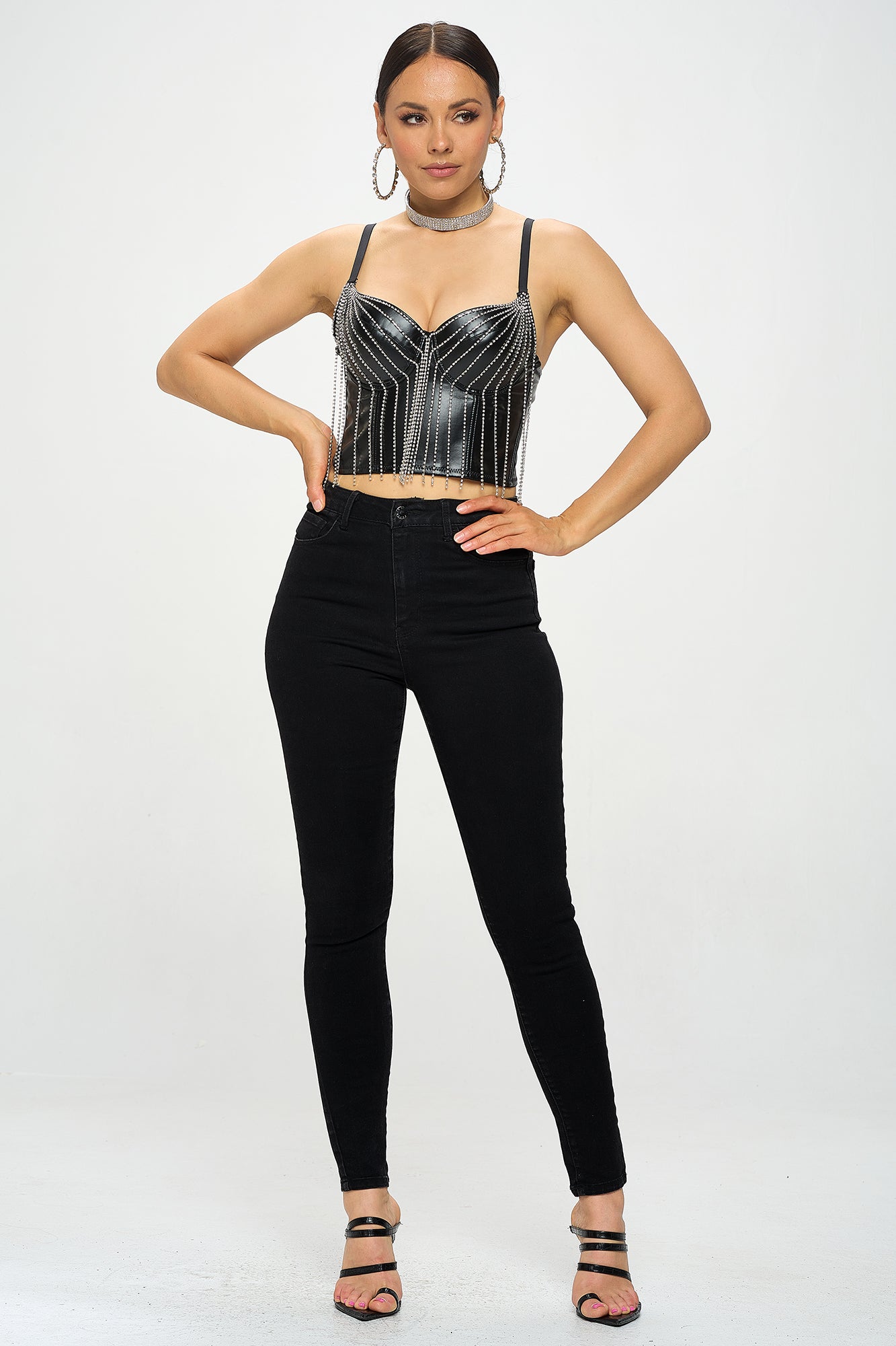RHINESTONE FRINGE PU CORSET CROP TOP_D7218