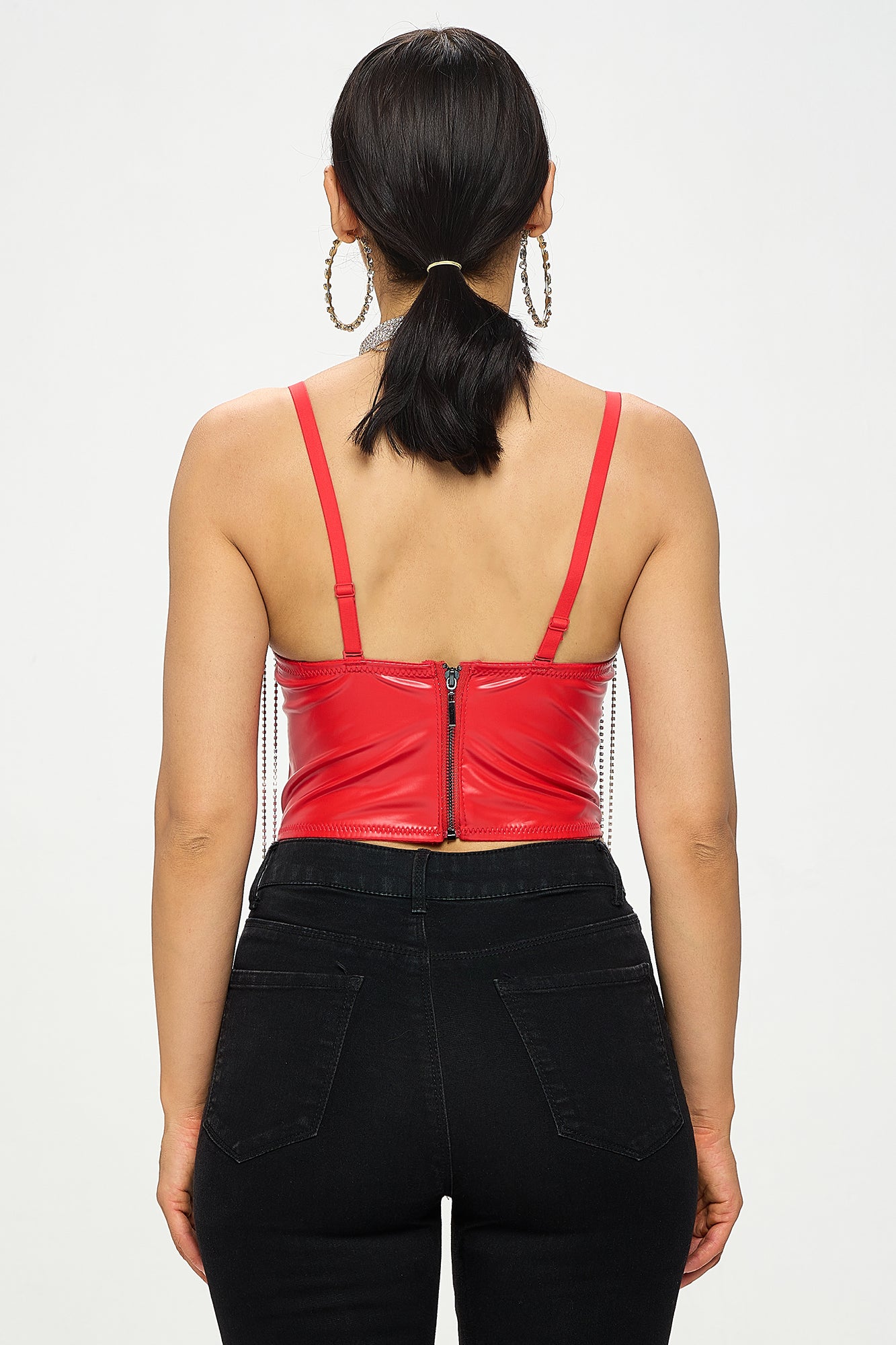 RHINESTONE FRINGE PU CORSET CROP TOP_D7218