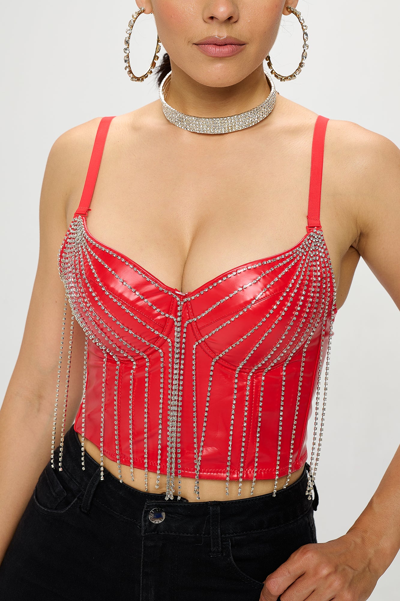 RHINESTONE FRINGE PU CORSET CROP TOP_D7218