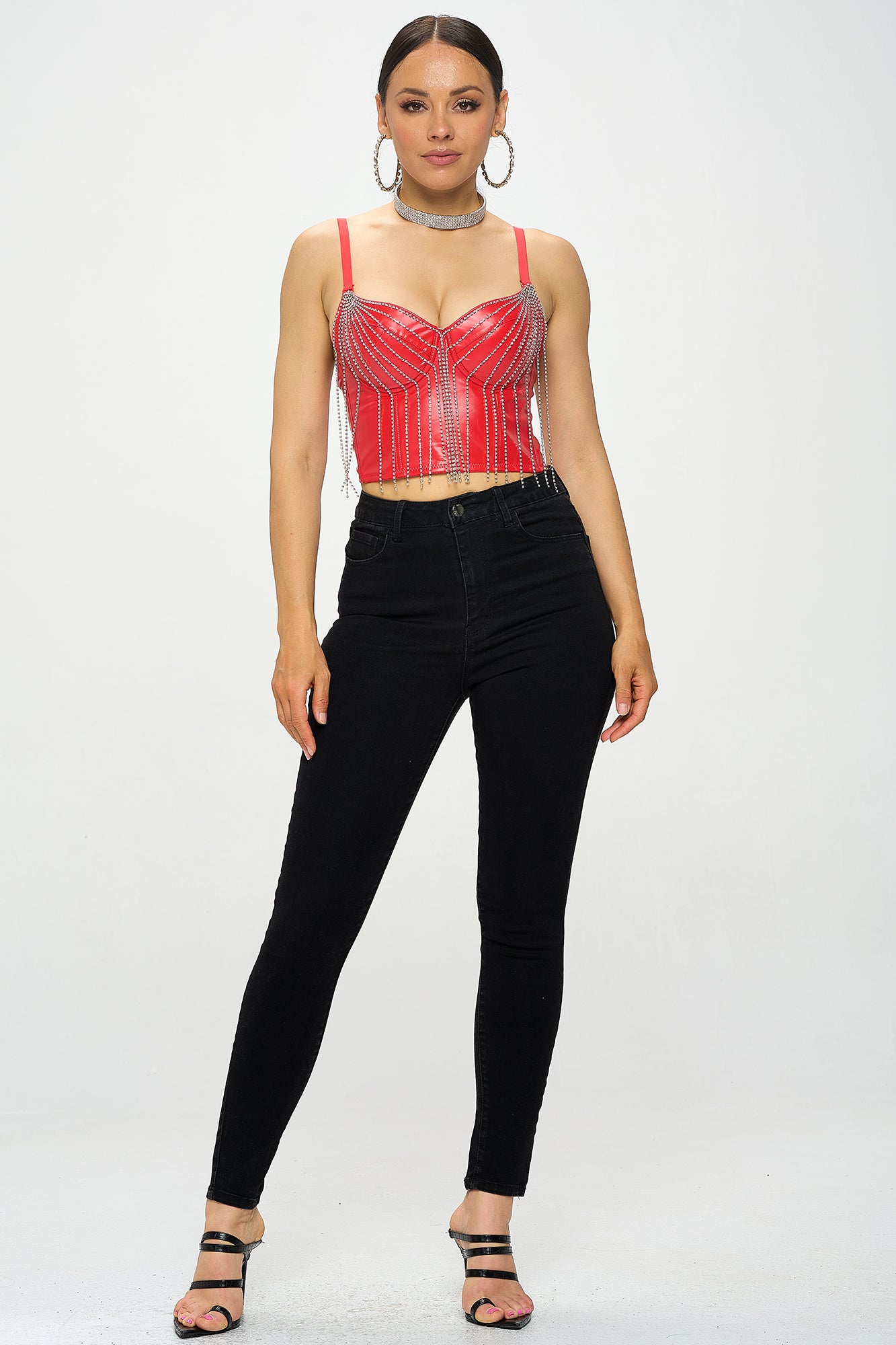 RHINESTONE FRINGE PU CORSET CROP TOP_D7218