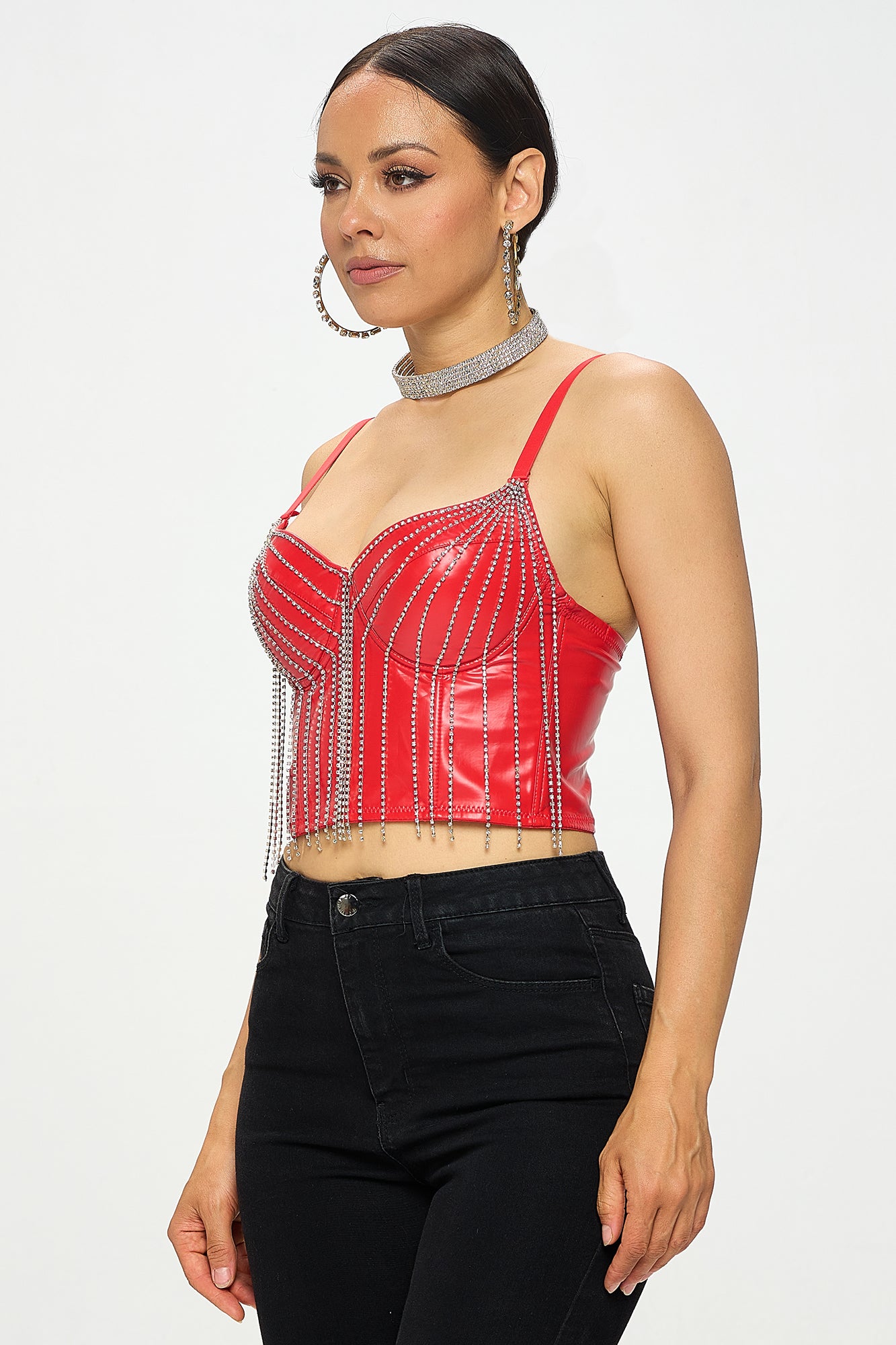 RHINESTONE FRINGE PU CORSET CROP TOP_D7218