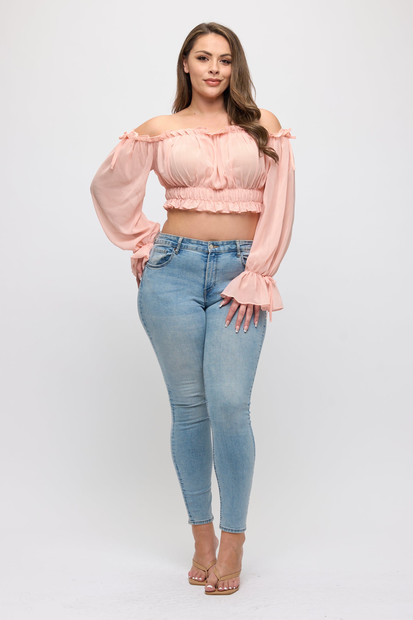 OFF SHOULDER RUFFLE TRIM KNOT SLEEVE CROP TOP PLUS