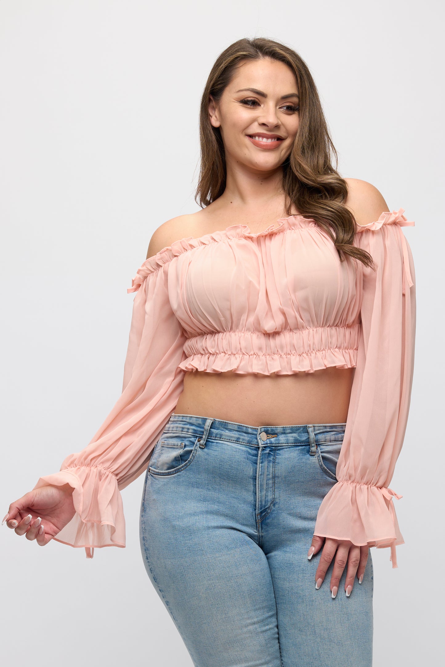 OFF SHOULDER RUFFLE TRIM KNOT SLEEVE CROP TOP PLUS