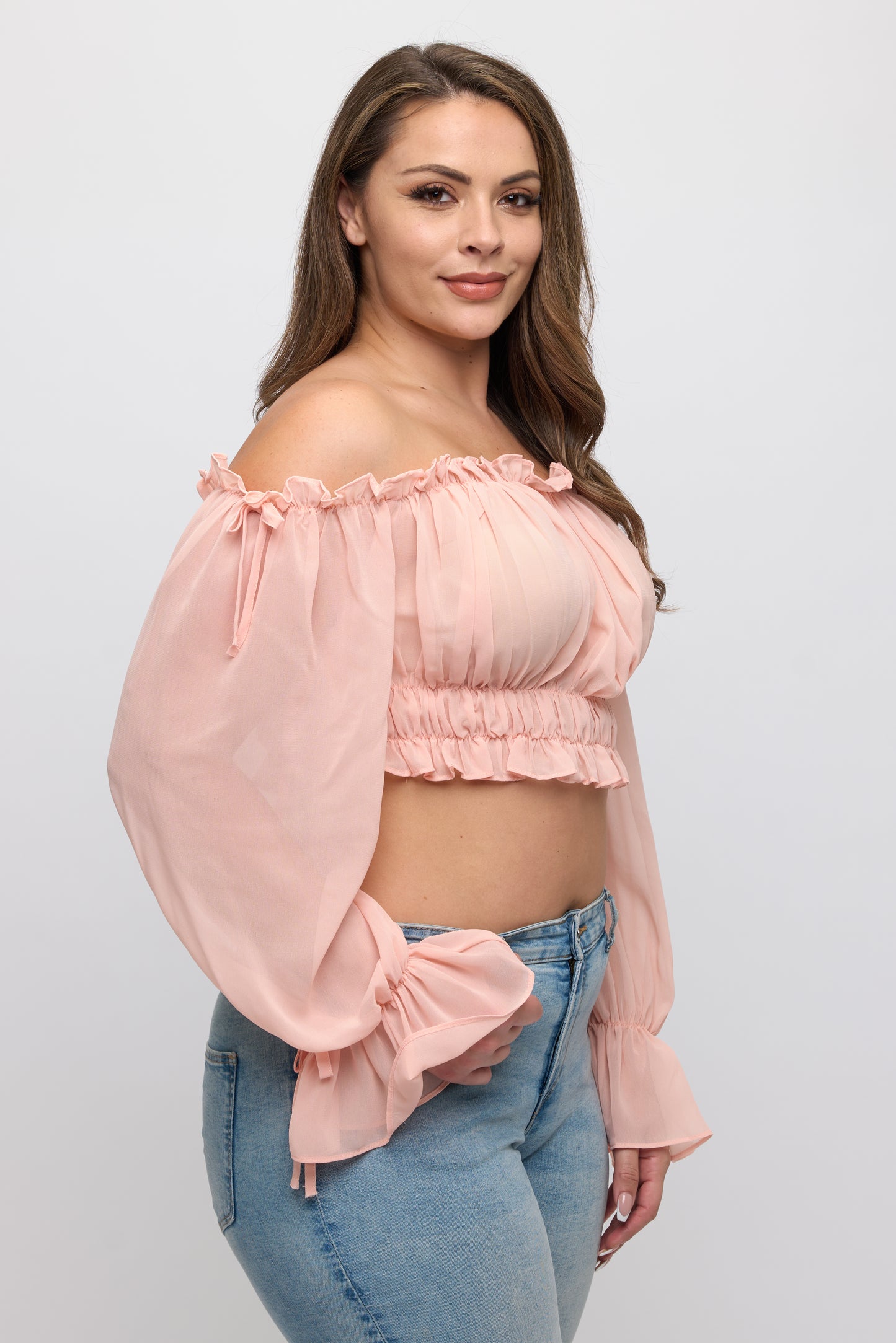 OFF SHOULDER RUFFLE TRIM KNOT SLEEVE CROP TOP PLUS