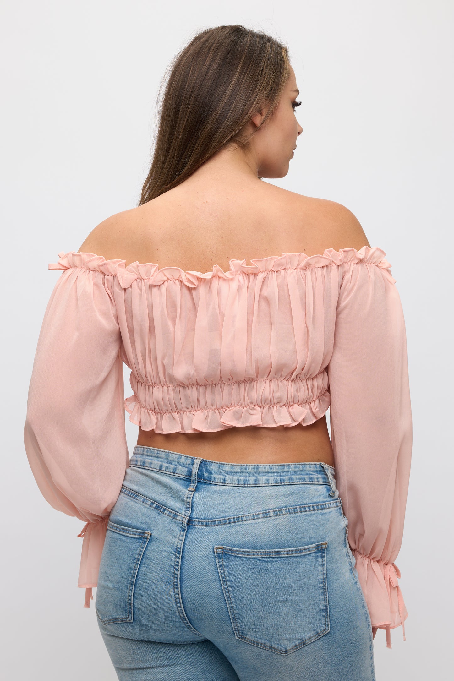 OFF SHOULDER RUFFLE TRIM KNOT SLEEVE CROP TOP PLUS