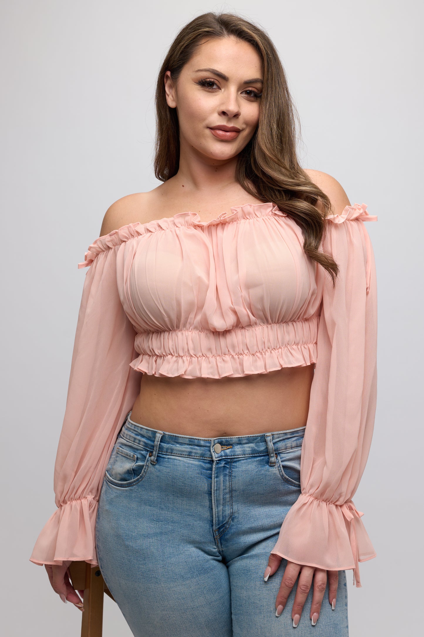 OFF SHOULDER RUFFLE TRIM KNOT SLEEVE CROP TOP PLUS