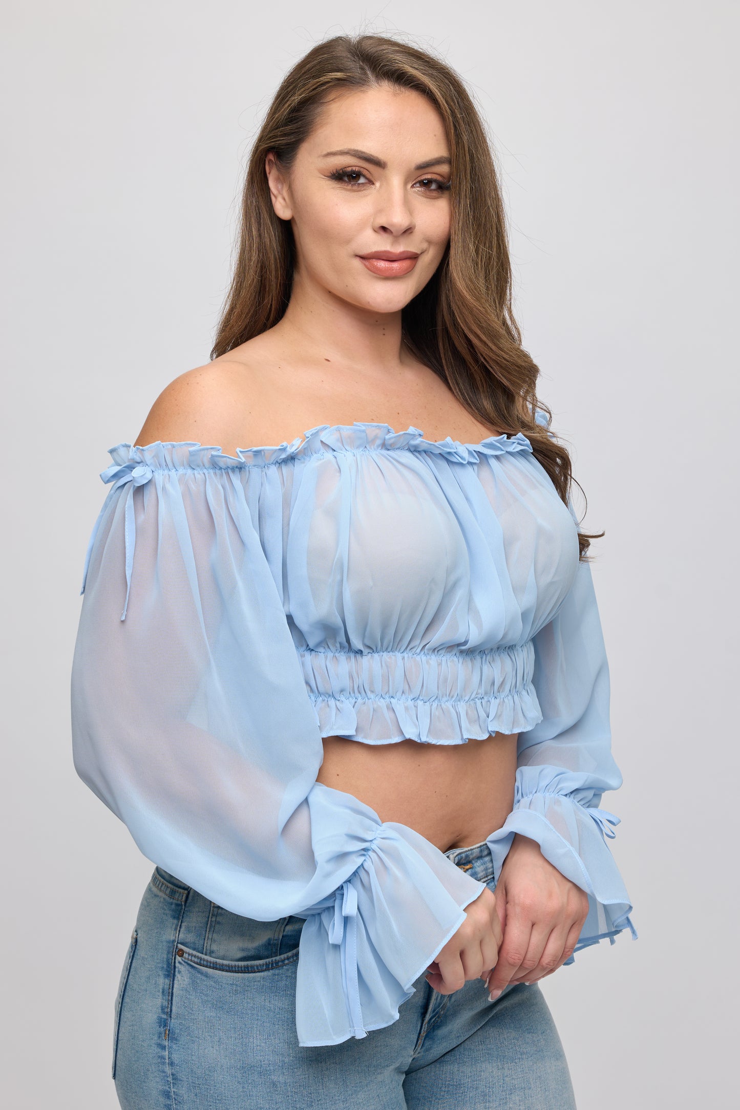 OFF SHOULDER RUFFLE TRIM KNOT SLEEVE CROP TOP PLUS