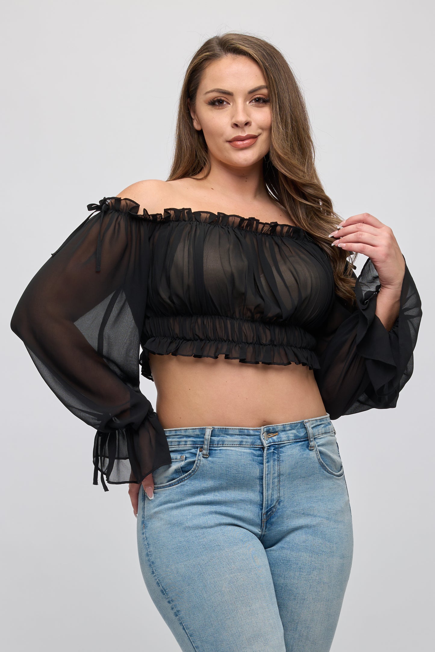 OFF SHOULDER RUFFLE TRIM KNOT SLEEVE CROP TOP PLUS