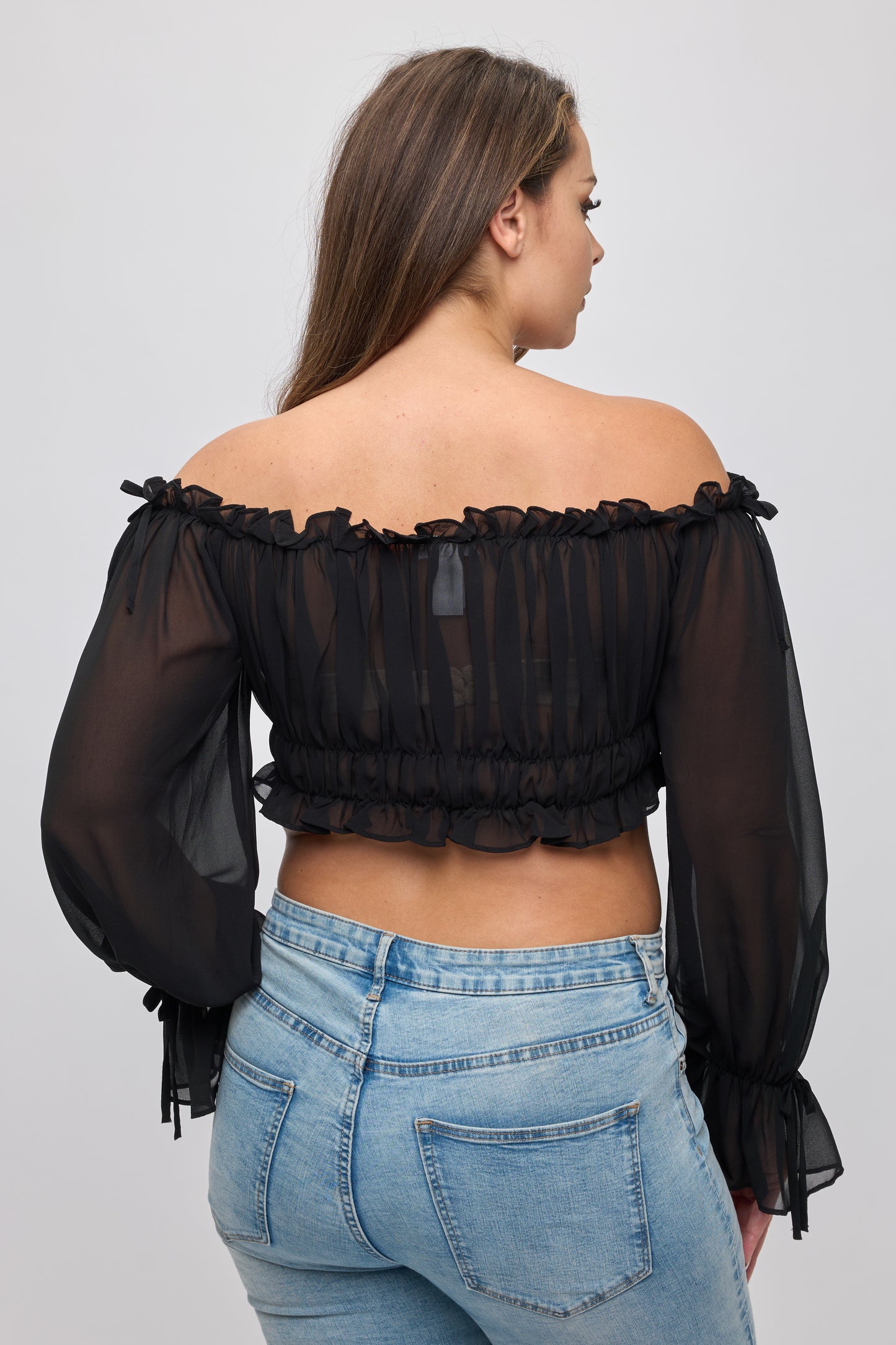 OFF SHOULDER RUFFLE TRIM KNOT SLEEVE CROP TOP PLUS