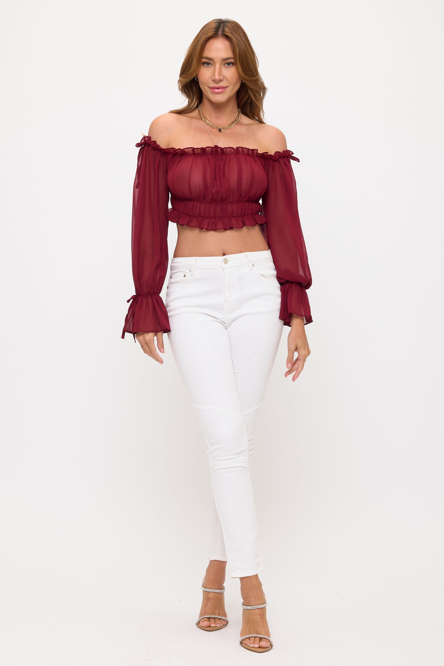 OFF SHOULDER RUFFLE TRIM KNOT SLEEVE CROP TOP