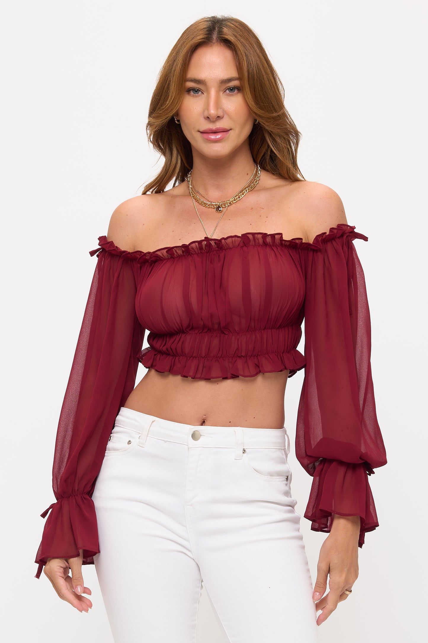 OFF SHOULDER RUFFLE TRIM KNOT SLEEVE CROP TOP