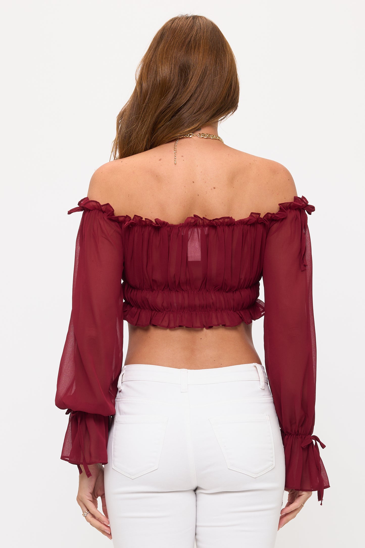 OFF SHOULDER RUFFLE TRIM KNOT SLEEVE CROP TOP