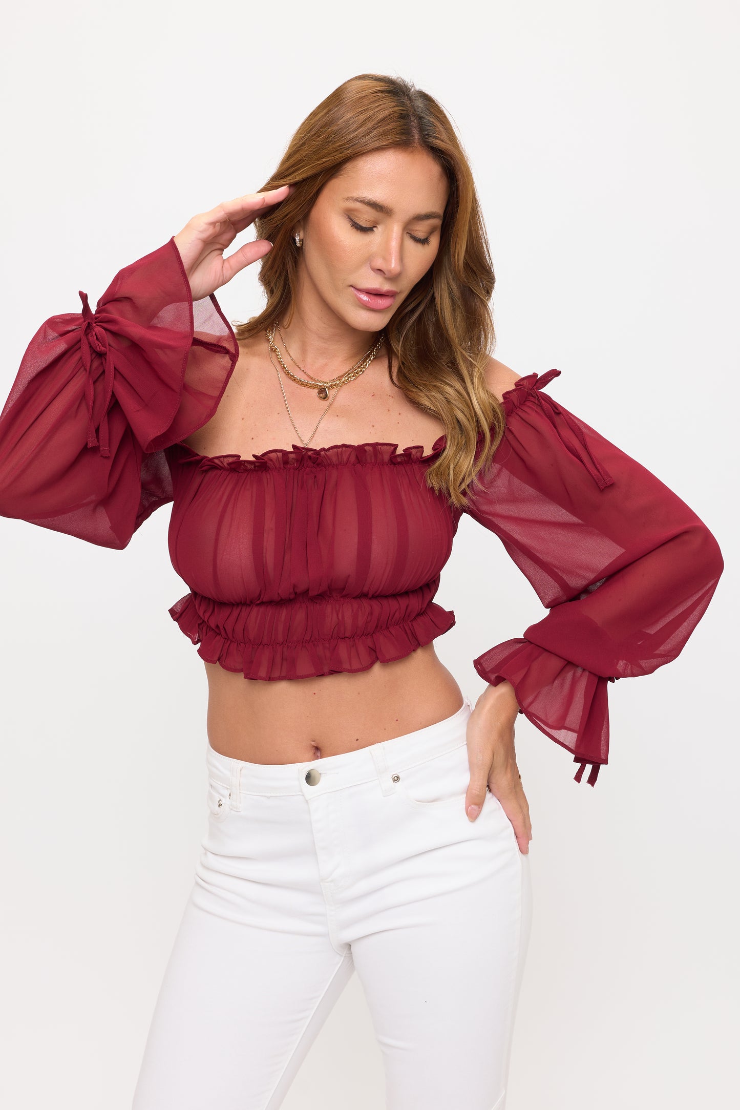 OFF SHOULDER RUFFLE TRIM KNOT SLEEVE CROP TOP