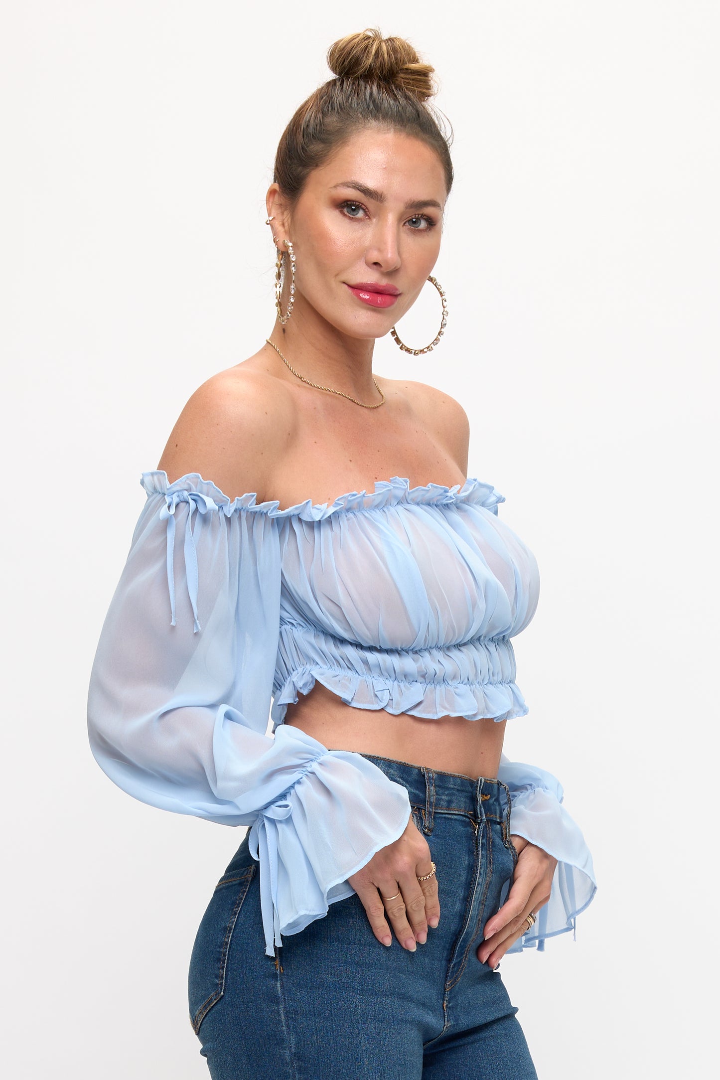 OFF SHOULDER RUFFLE TRIM KNOT SLEEVE CROP TOP