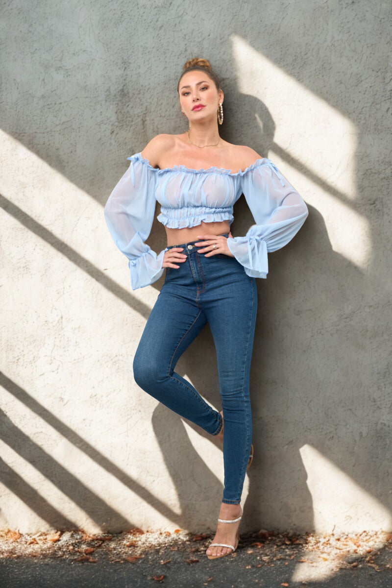 OFF SHOULDER RUFFLE TRIM KNOT SLEEVE CROP TOP