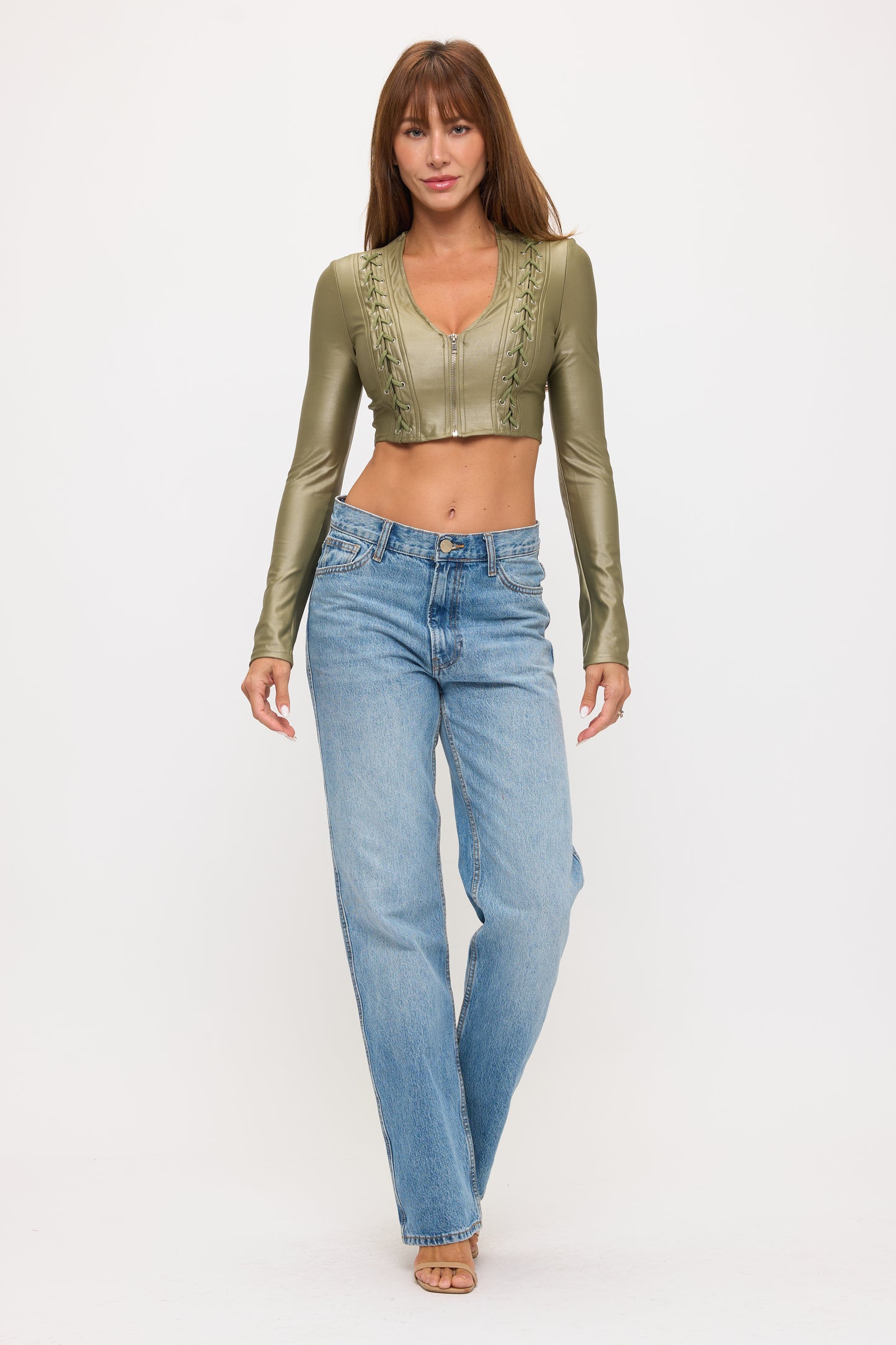 LACE-UP DETAIL ZIP UP LONG SLEEVE CROPPED JACKET