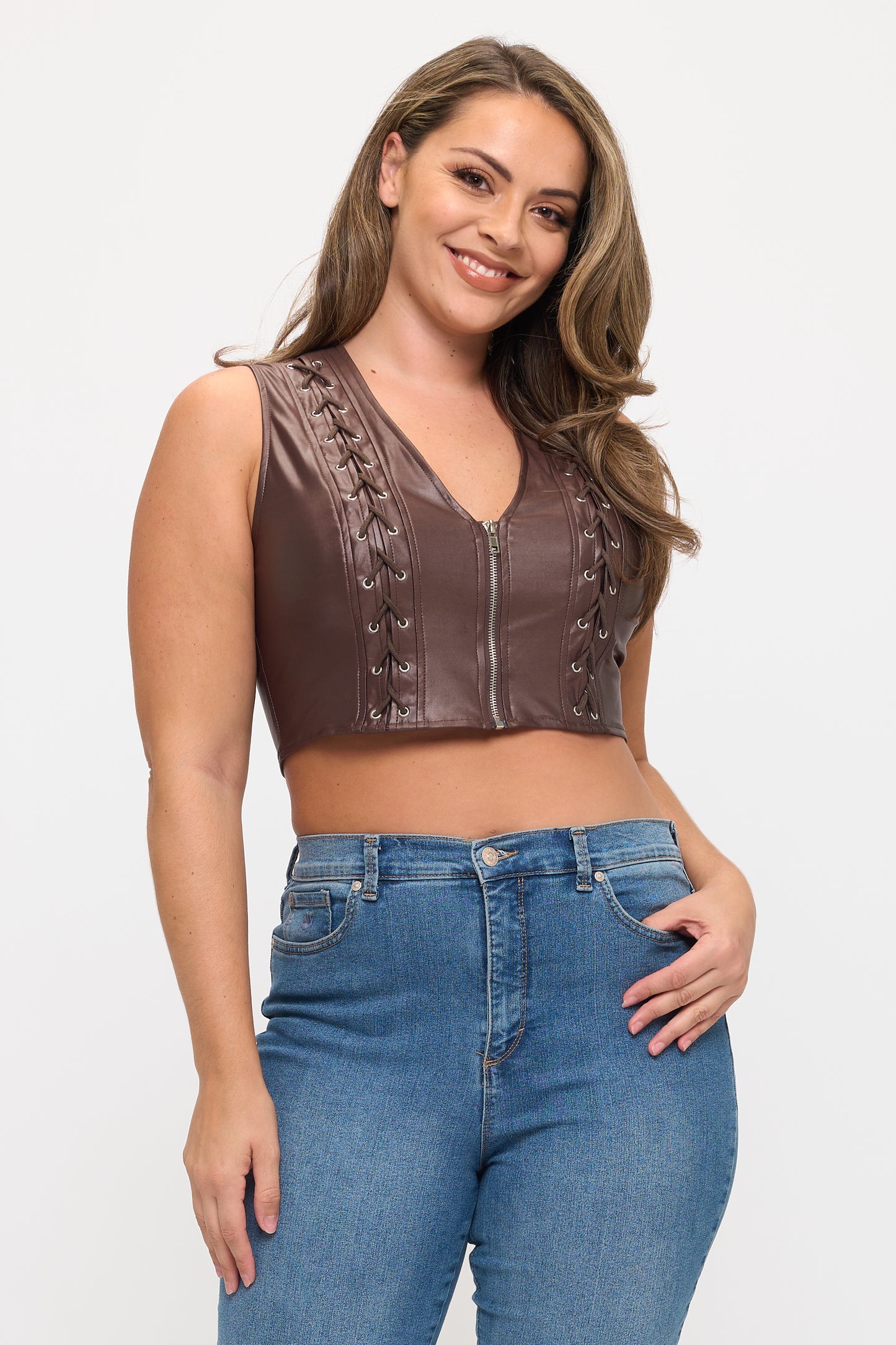 LACE-UP DETAIL SLEEVELESS CROP TOP-PLUS