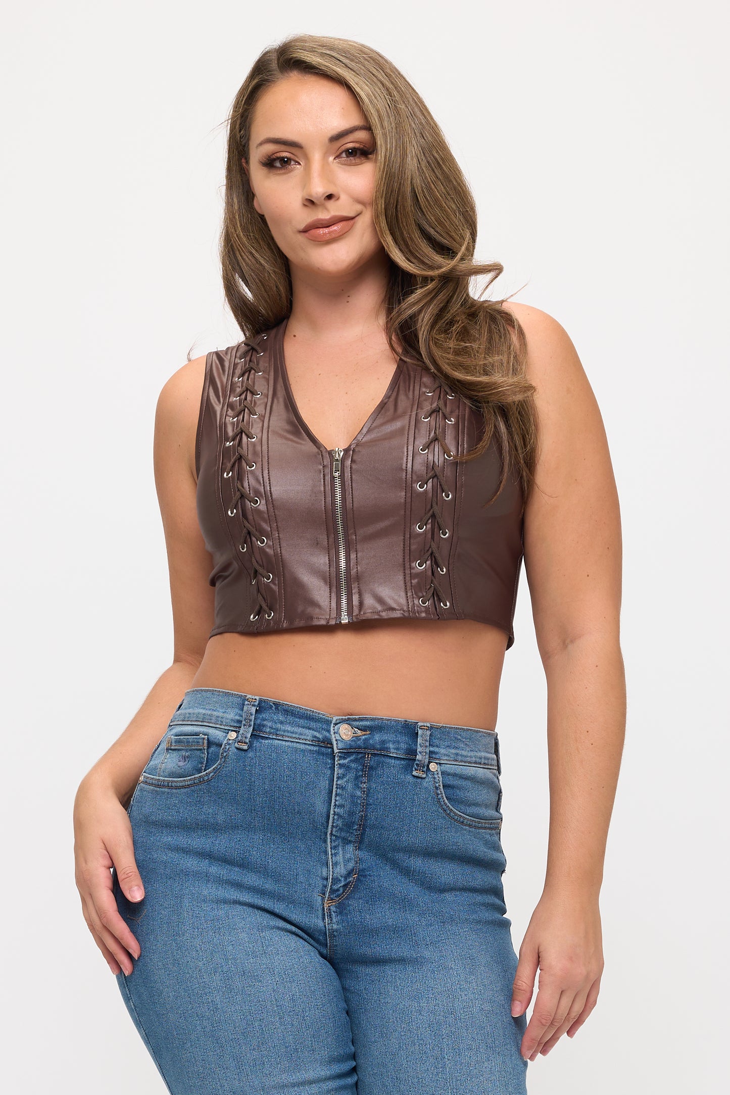 LACE-UP DETAIL SLEEVELESS CROP TOP-PLUS