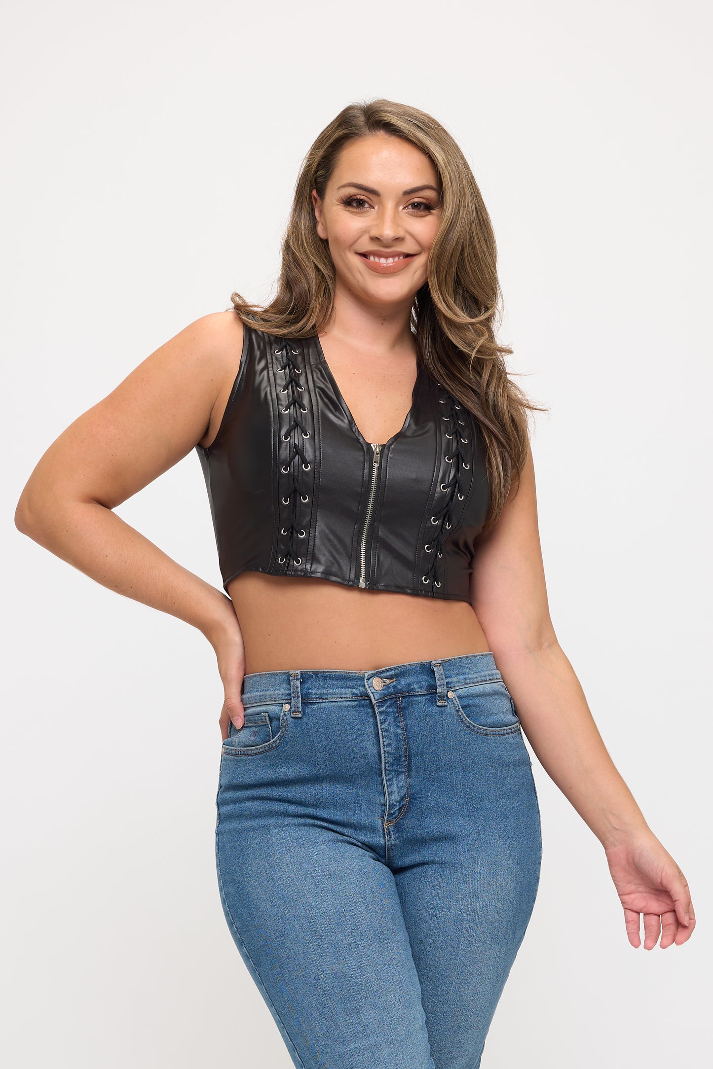 LACE-UP DETAIL SLEEVELESS CROP TOP-PLUS