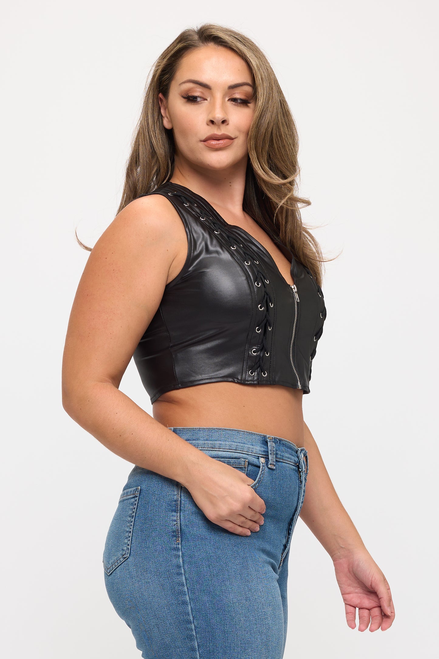 LACE-UP DETAIL SLEEVELESS CROP TOP-PLUS
